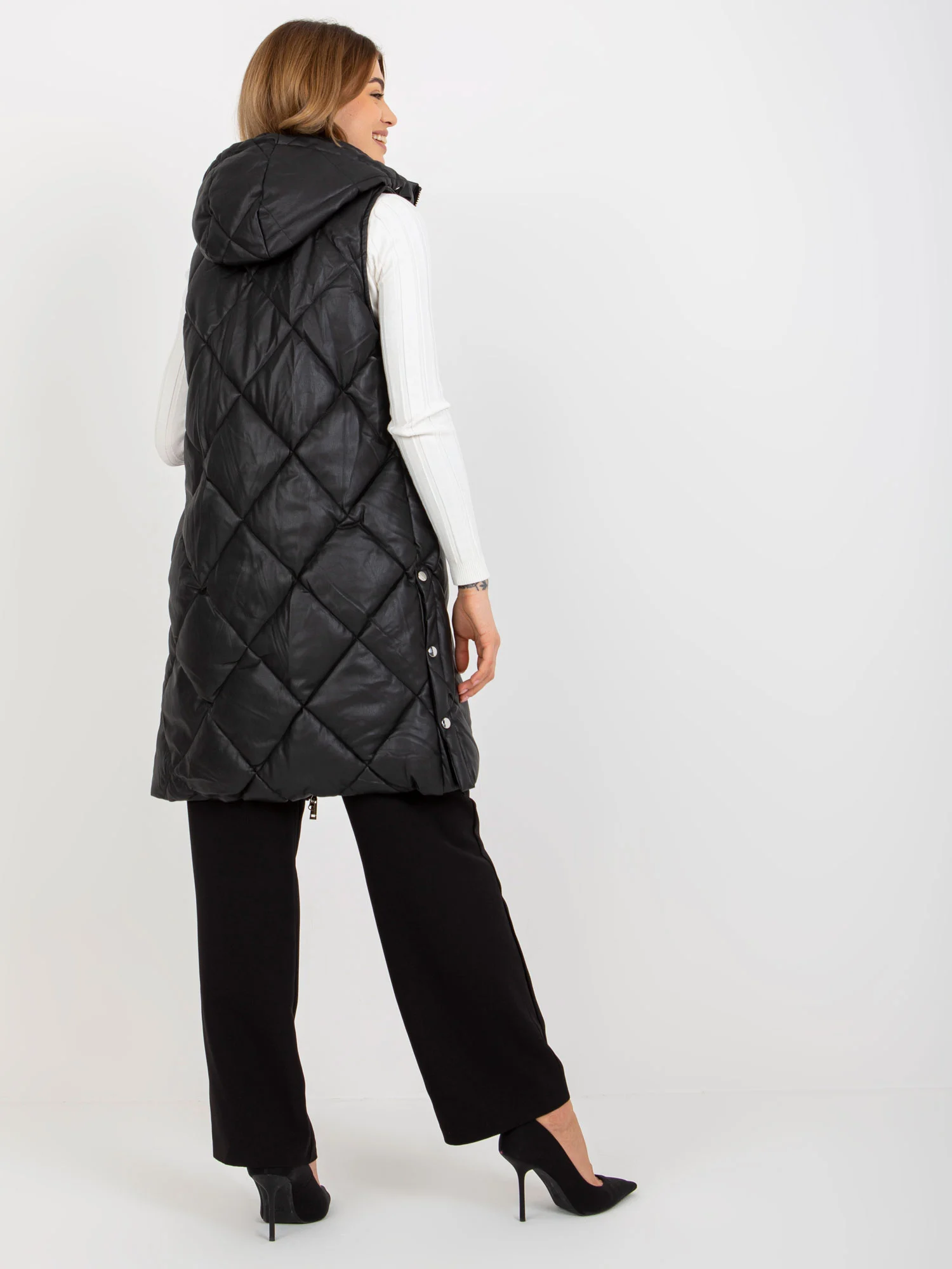 Vesta Dama Fara maneci, Guler inalt, Honey Winter, Negru Eleganta Office Marimi Mari - imagine 4