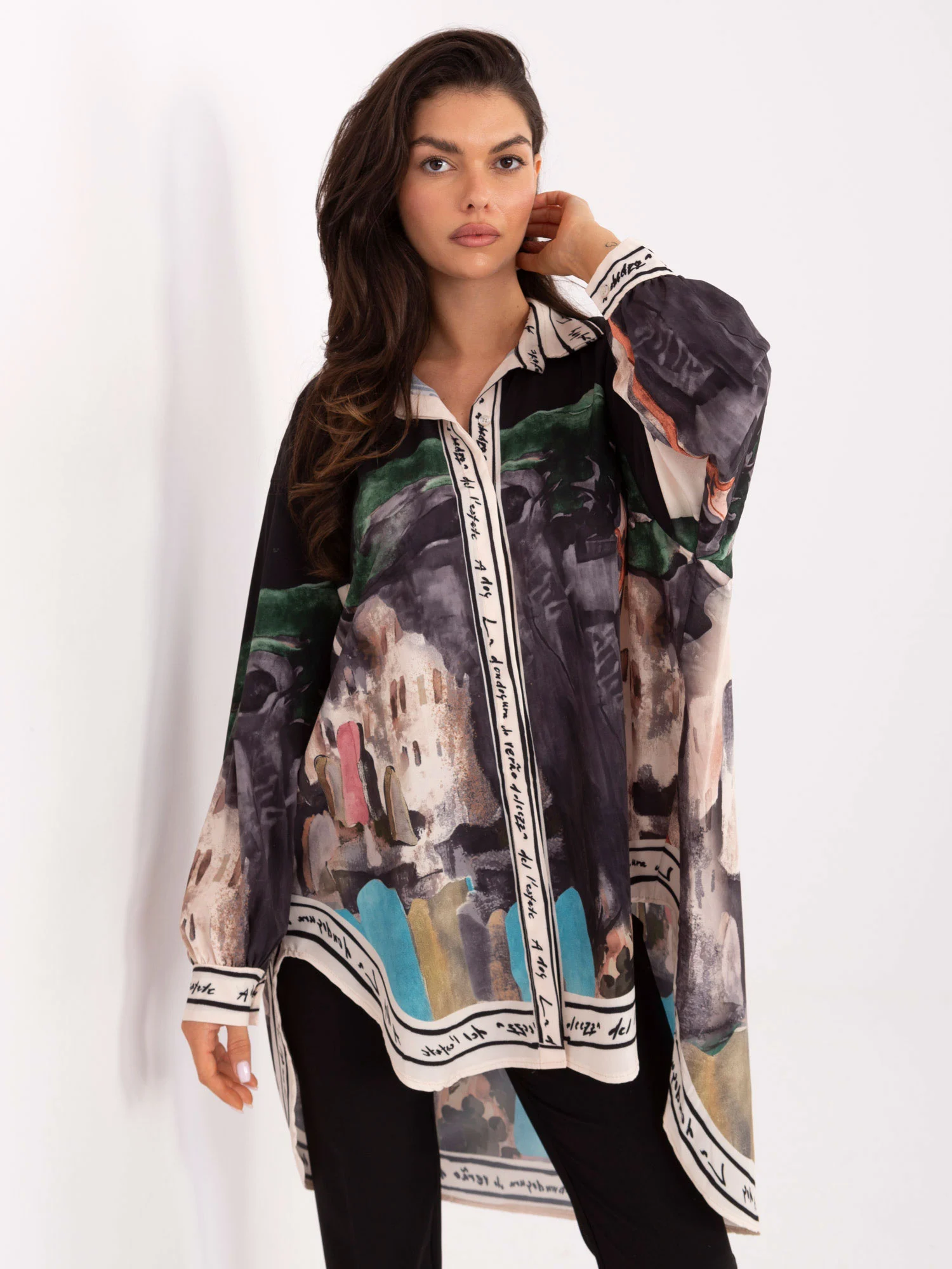 Camasa Dama Maneca lunga, Guler inalt, RUE PARIS, Negru Eleganta Office - imagine 5