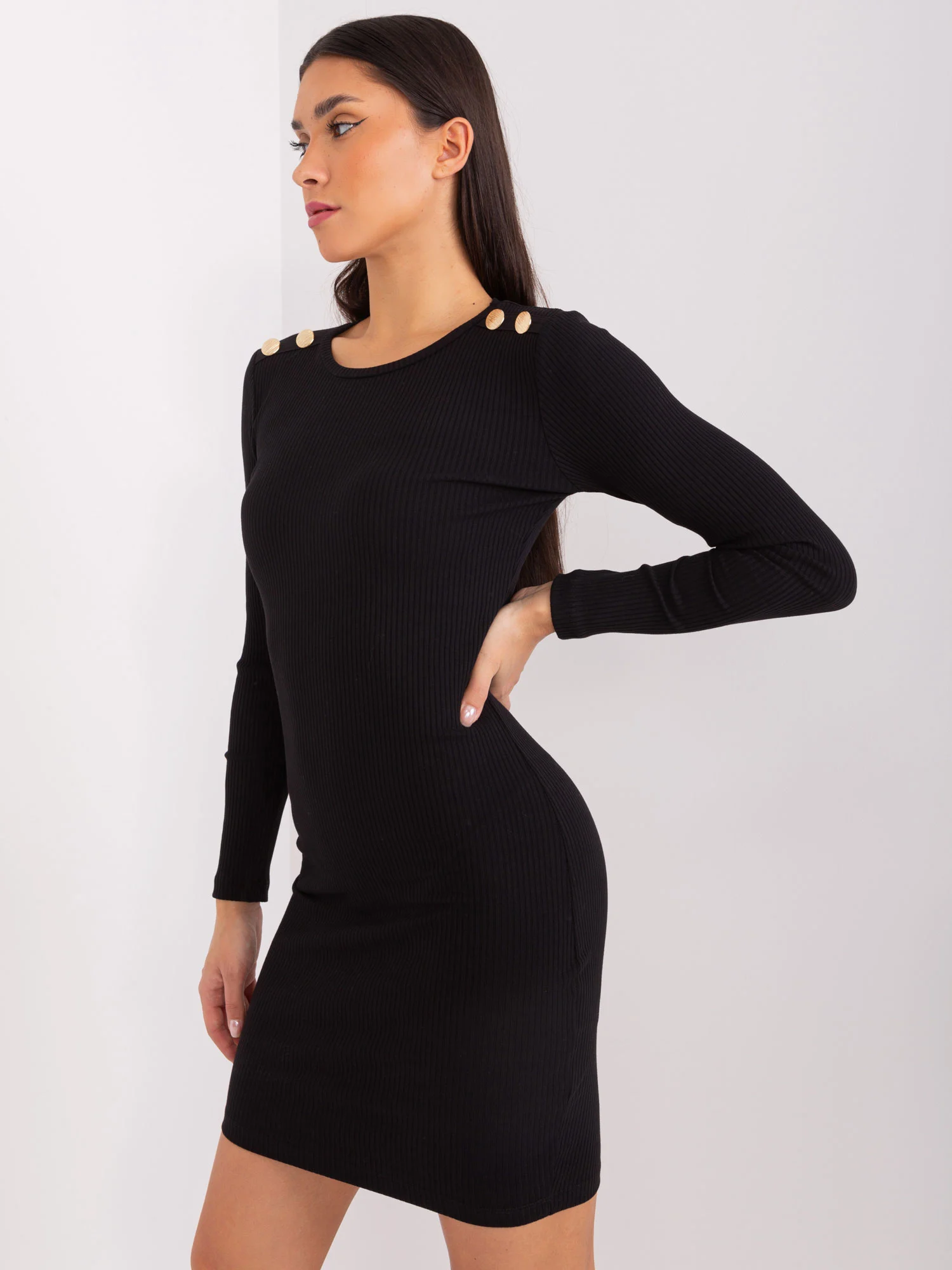 Rochie Dama Maneca lunga, Dungi, BASIC FEEL GOOD, Negru Eleganta Office - Image 2