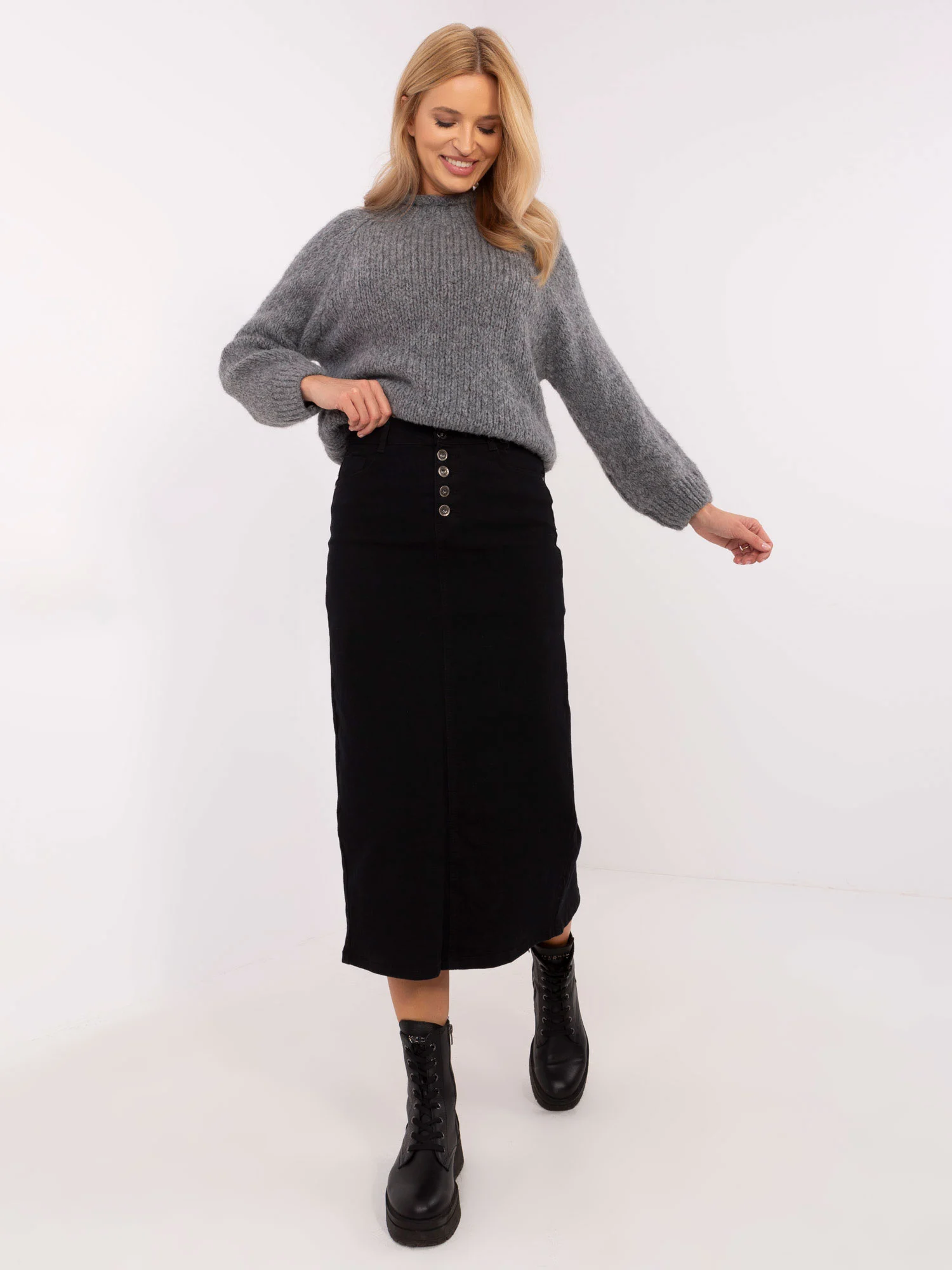 Fusta Dama Midi, Guler inalt, Daysie, Negru Casual - imagine 2