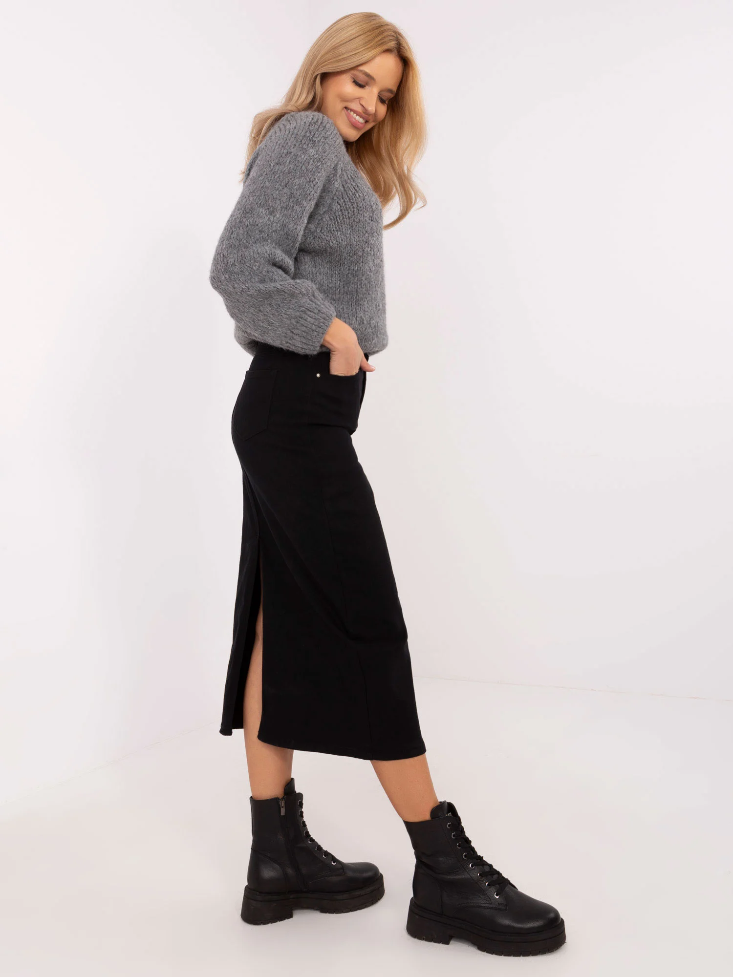 Fusta Dama Midi, Guler inalt, Daysie, Negru Casual - imagine 4