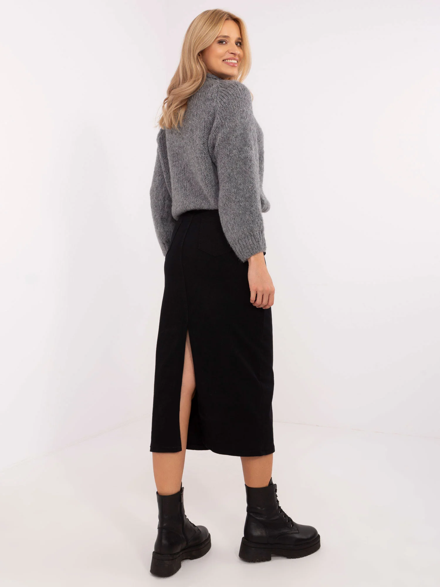 Fusta Dama Midi, Guler inalt, Daysie, Negru Casual - imagine 5