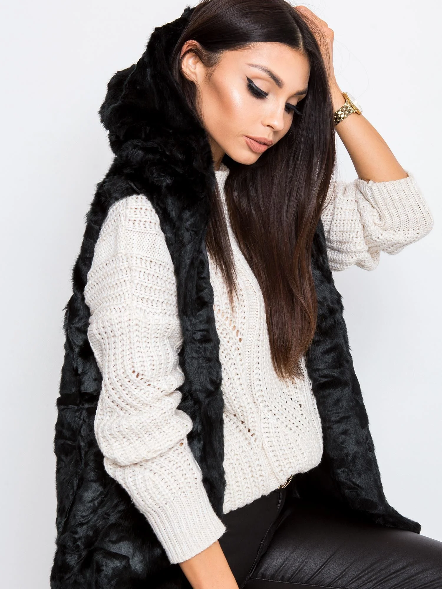 Vesta Dama Fara maneci, Elegant, Wool Fashion Italia, Negru Eleganta Office - imagine 5
