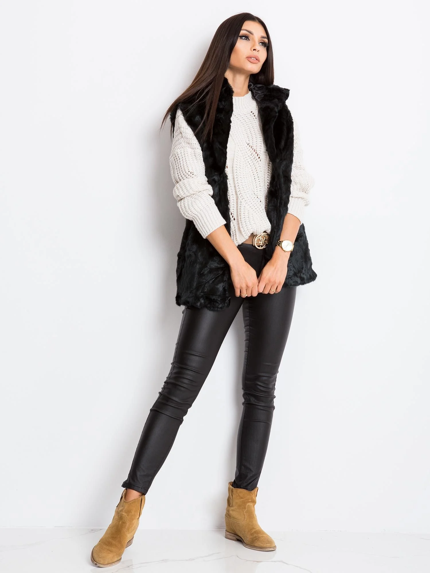 Vesta Dama Fara maneci, Elegant, Wool Fashion Italia, Negru Eleganta Office - imagine 3