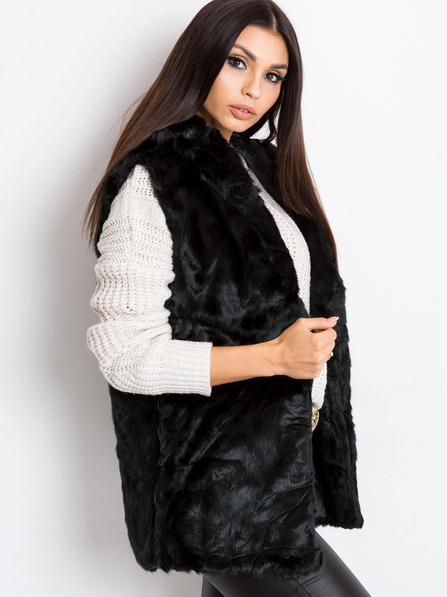 Vesta Dama Fara maneci, Elegant, Wool Fashion Italia, Negru Eleganta Office - imagine 2