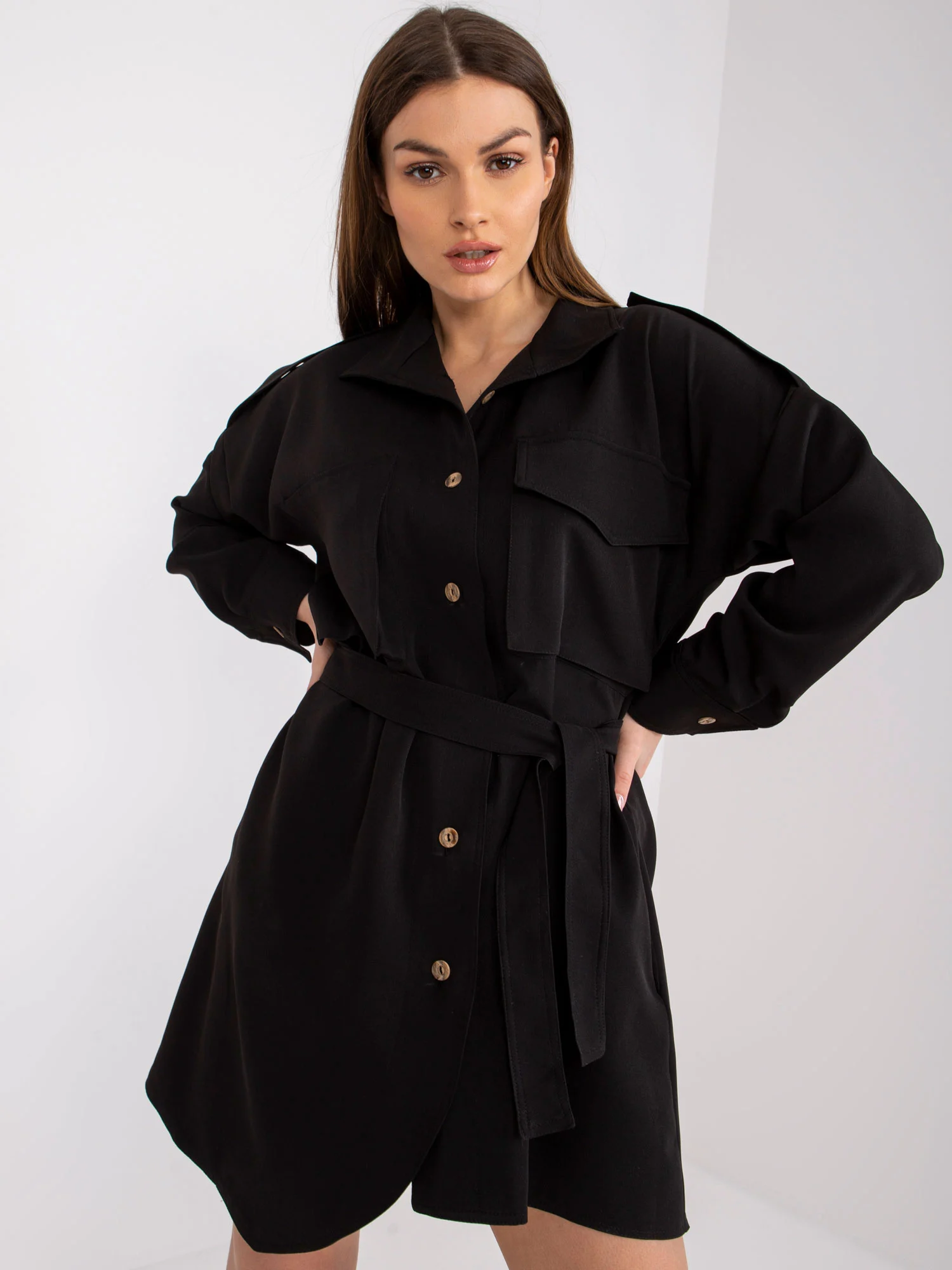 Camasa Dama Maneca lunga, Decolteu cu guler, RUE PARIS, Negru Eleganta Office - imagine 5