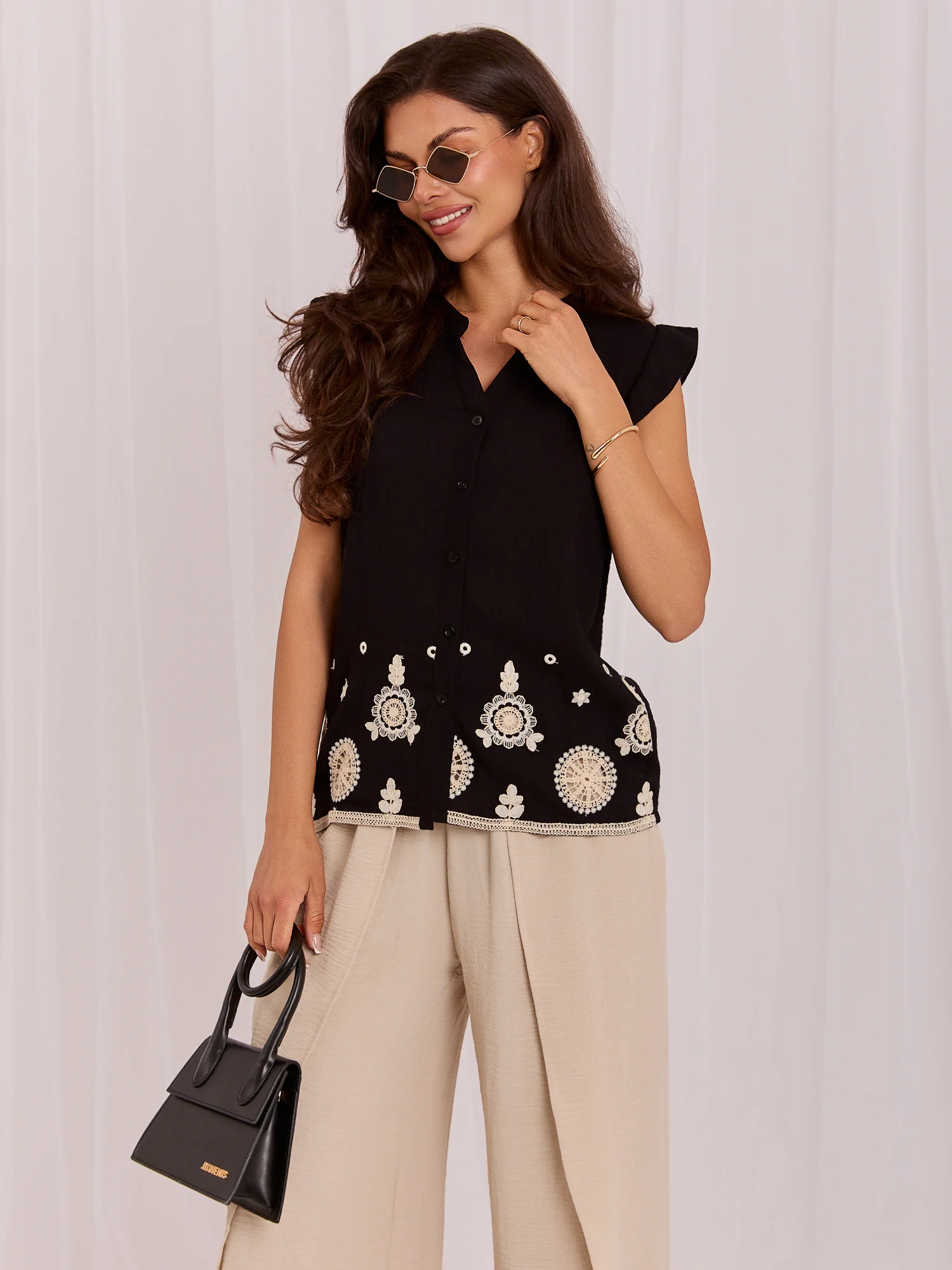 Camasa Dama Decolteu in V, Viscoza, ITALY MODA, Negru Casual - imagine 3