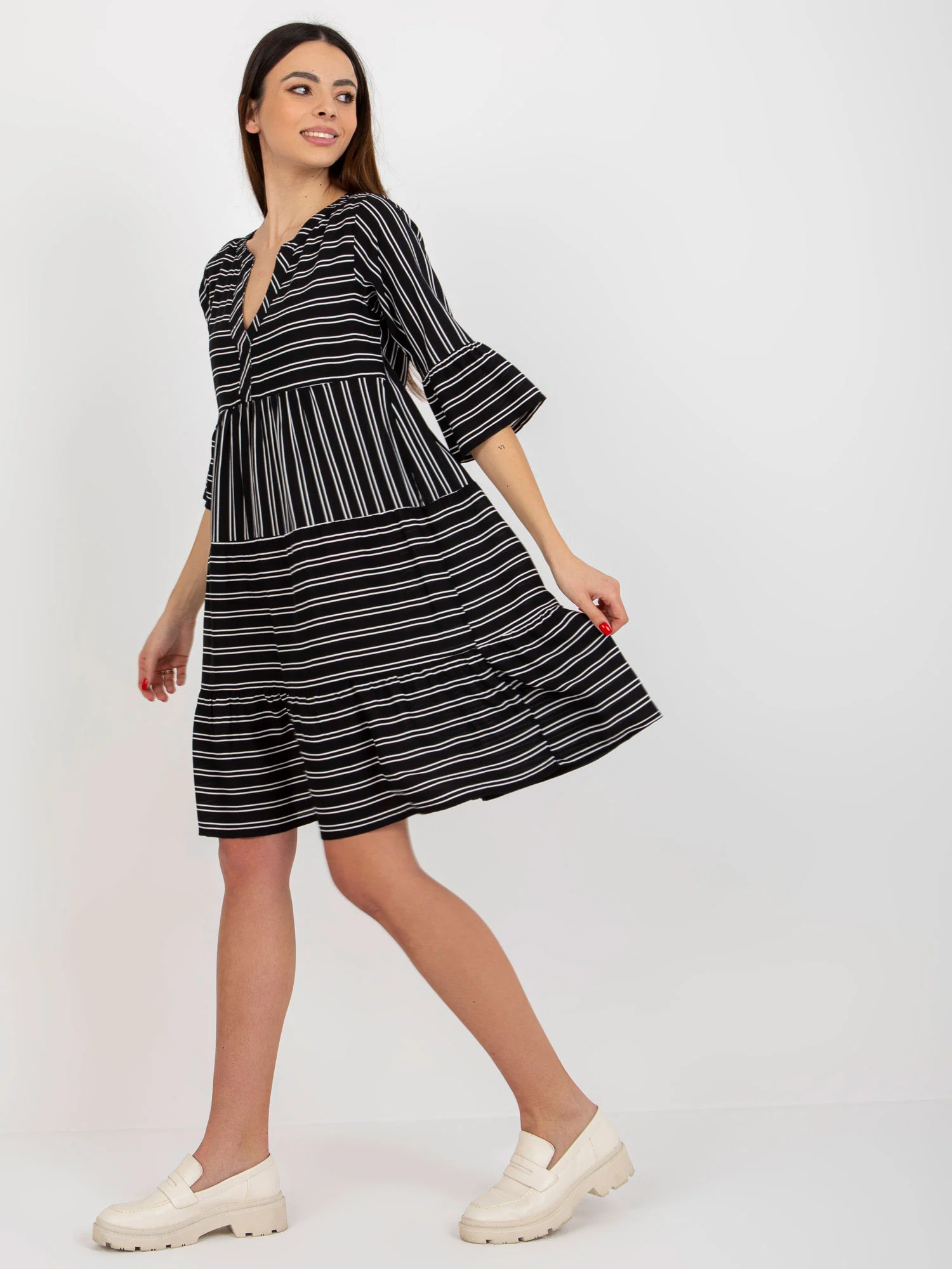 Rochie Dama Maneca 3/4, Dungi, Sublevel, Negru de Vara - Image 2