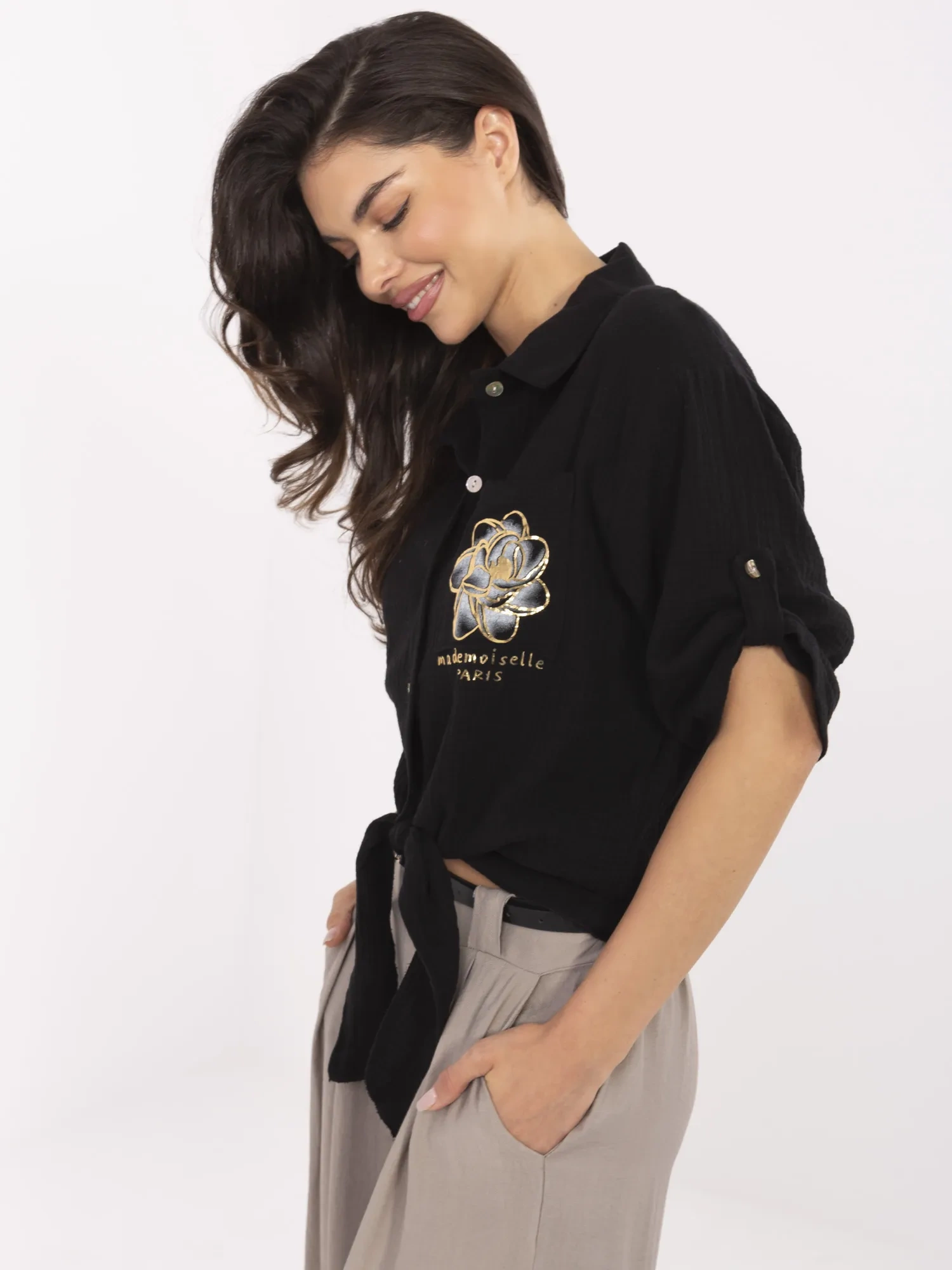 Camasa Dama Mini, Guler inalt, ITALY MODA, Negru Casual - imagine 4