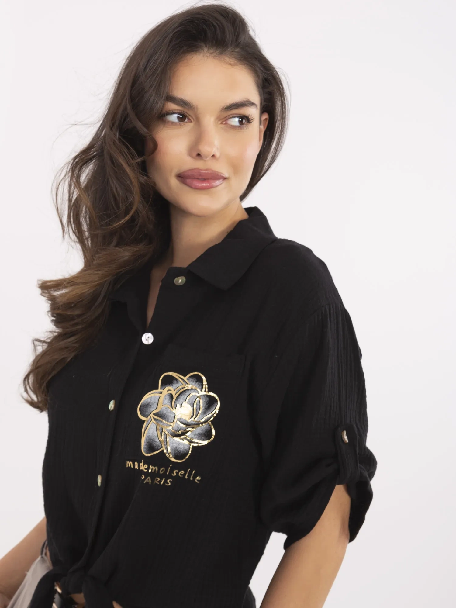 Camasa Dama Mini, Guler inalt, ITALY MODA, Negru Casual - imagine 5