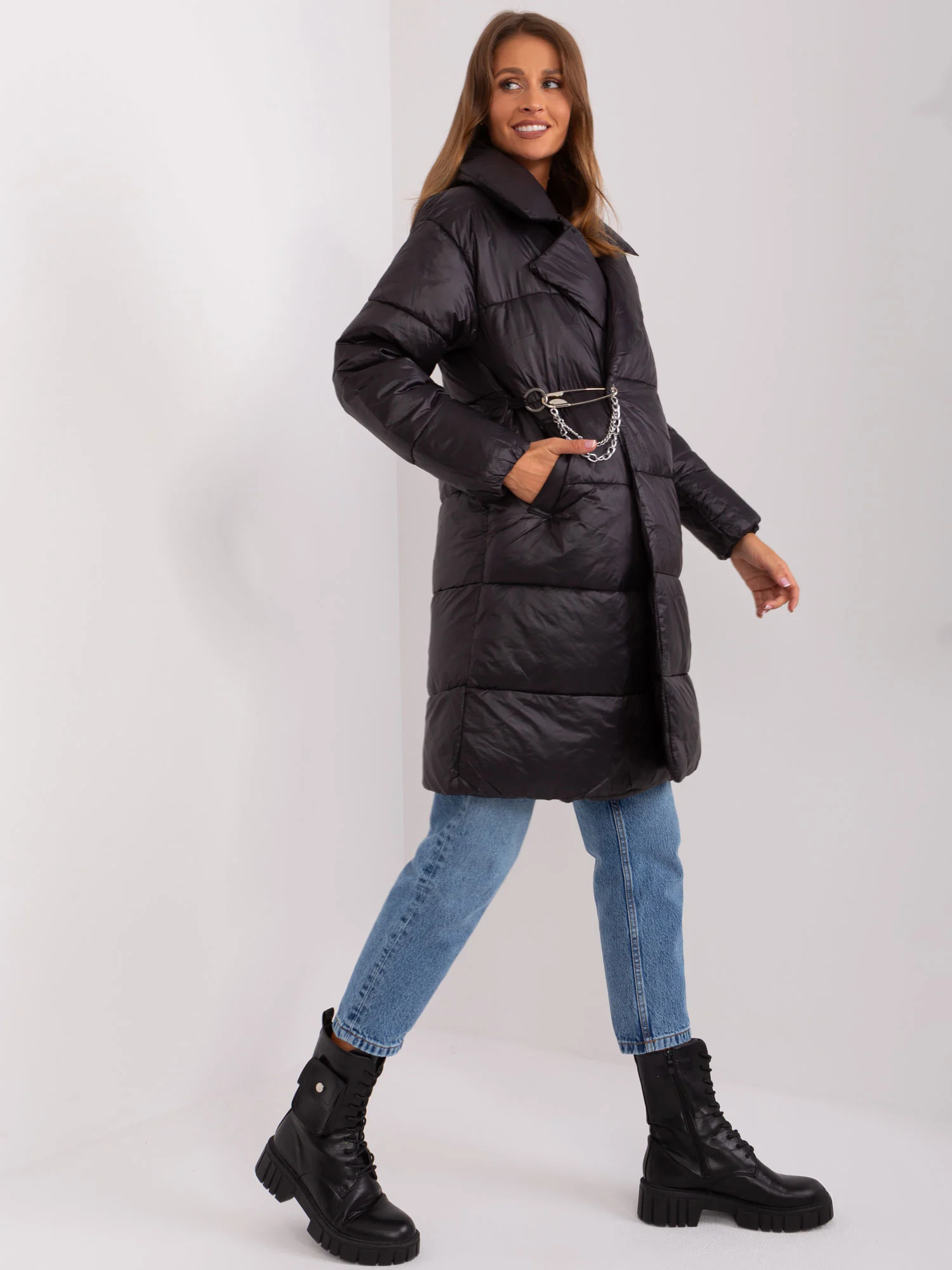 Jacheta Dama Deasupra genunchiului, Guler inalt, Trendy. ING, Negru Eleganta Office - imagine 4