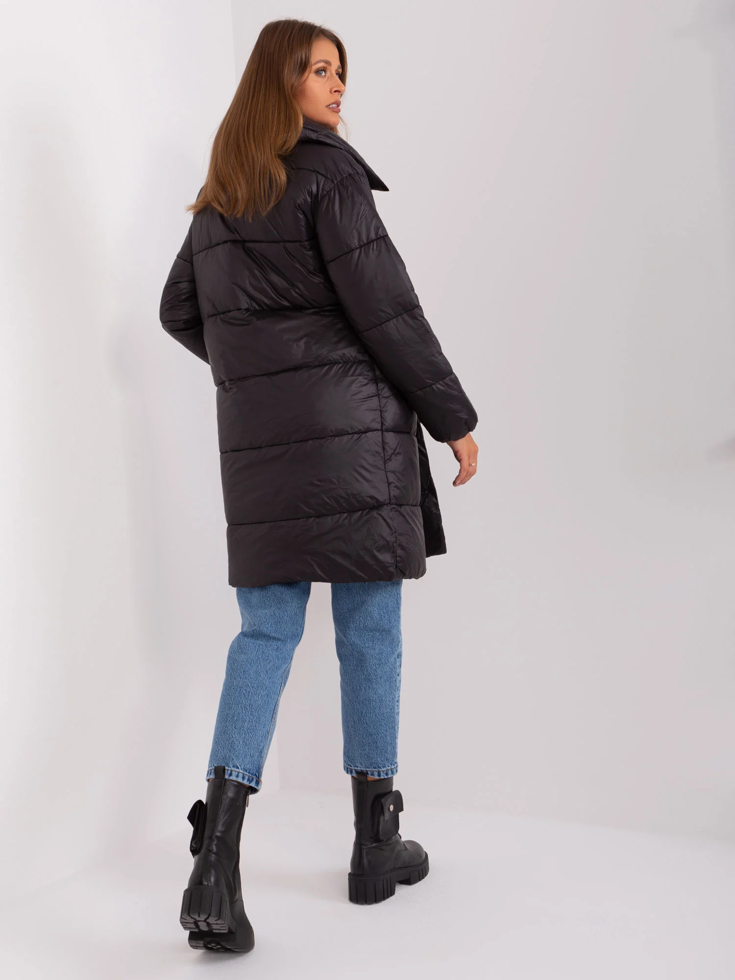 Jacheta Dama Deasupra genunchiului, Guler inalt, Trendy. ING, Negru Eleganta Office - imagine 2