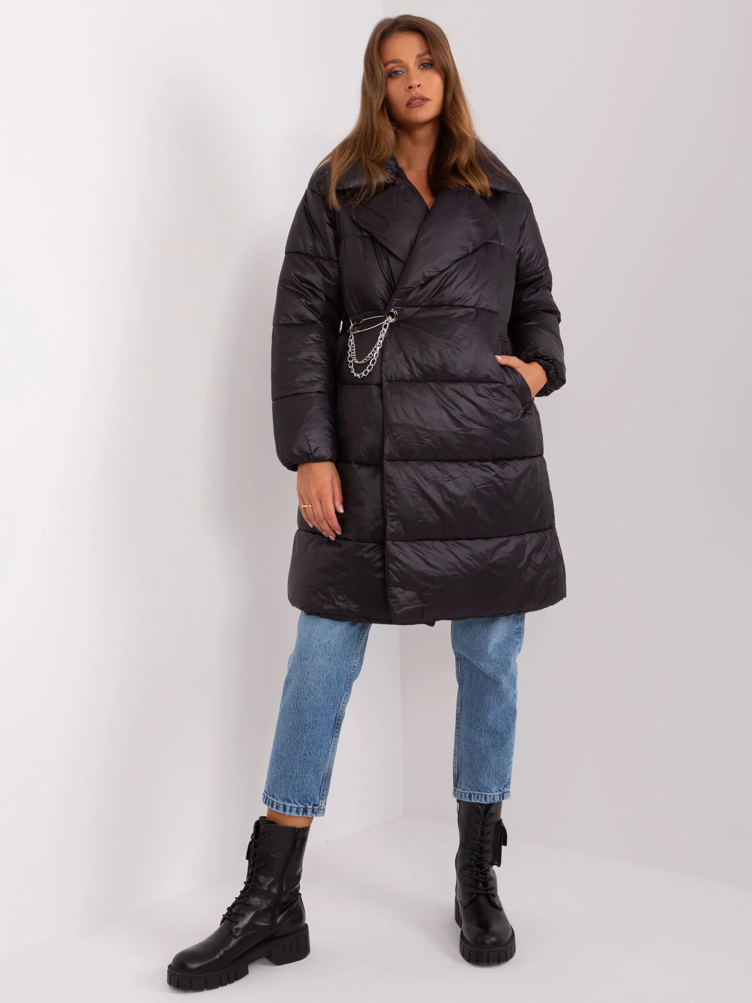 Jacheta Dama Deasupra genunchiului, Guler inalt, Trendy. ING, Negru Eleganta Office - imagine 5