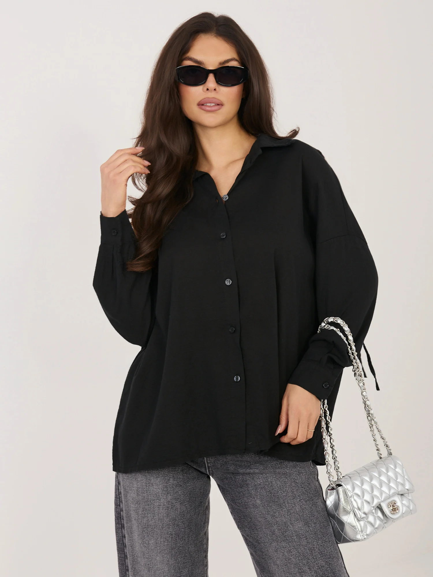 Camasa Dama Maneca lunga, Guler inalt, ITALY MODA, Negru Eleganta Office - imagine 6