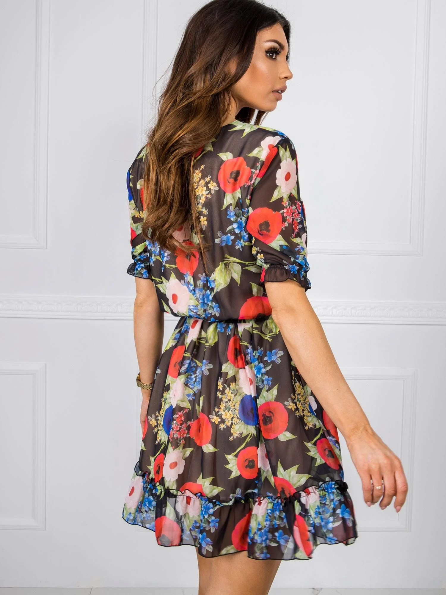 Rochie Dama Mini, Floral, LAKERTA, Rosu Eleganta Office - imagine 2