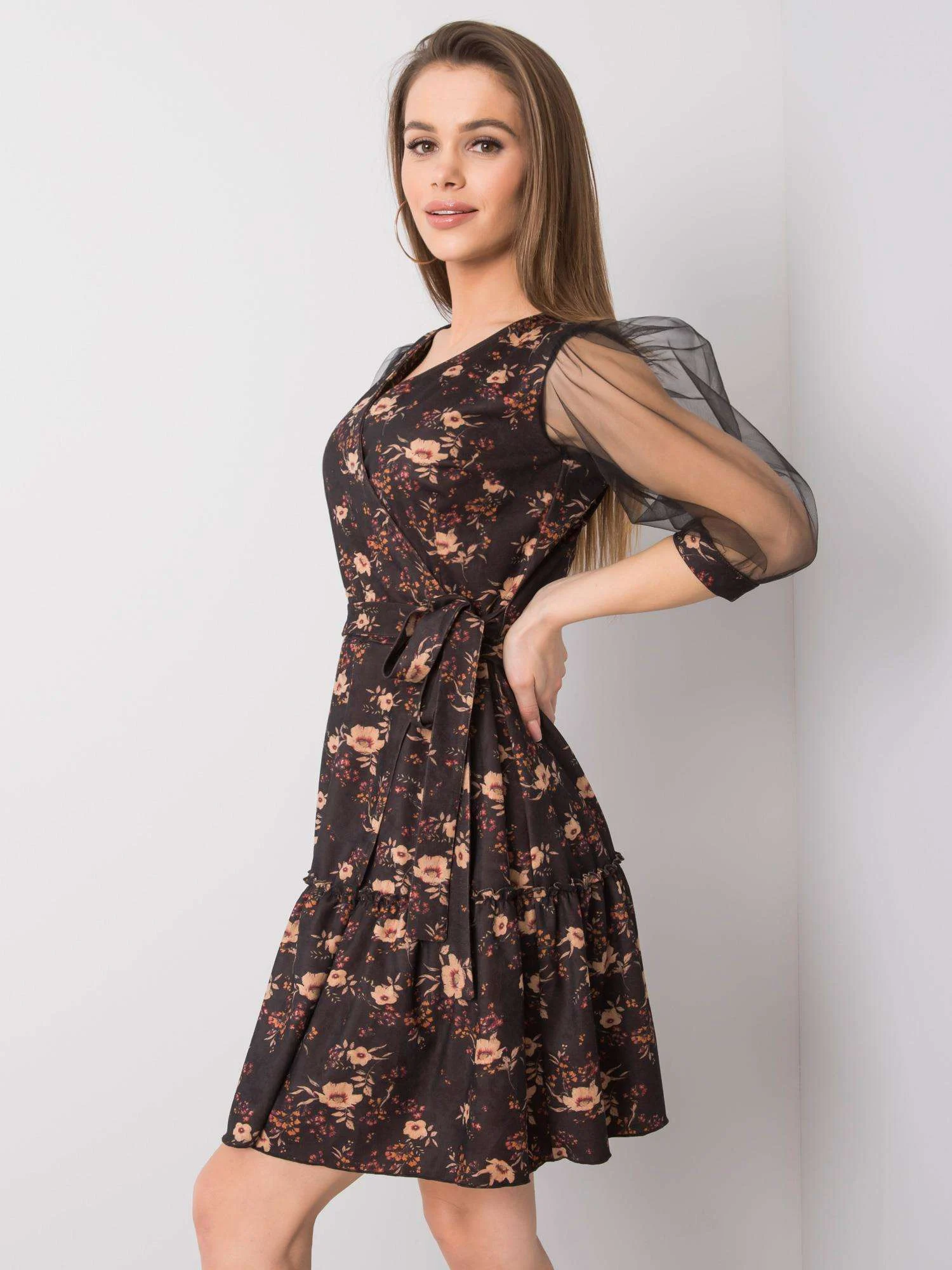 Rochie Dama Mini, Floral, LAKERTA, Bej Eleganta Office - imagine 3