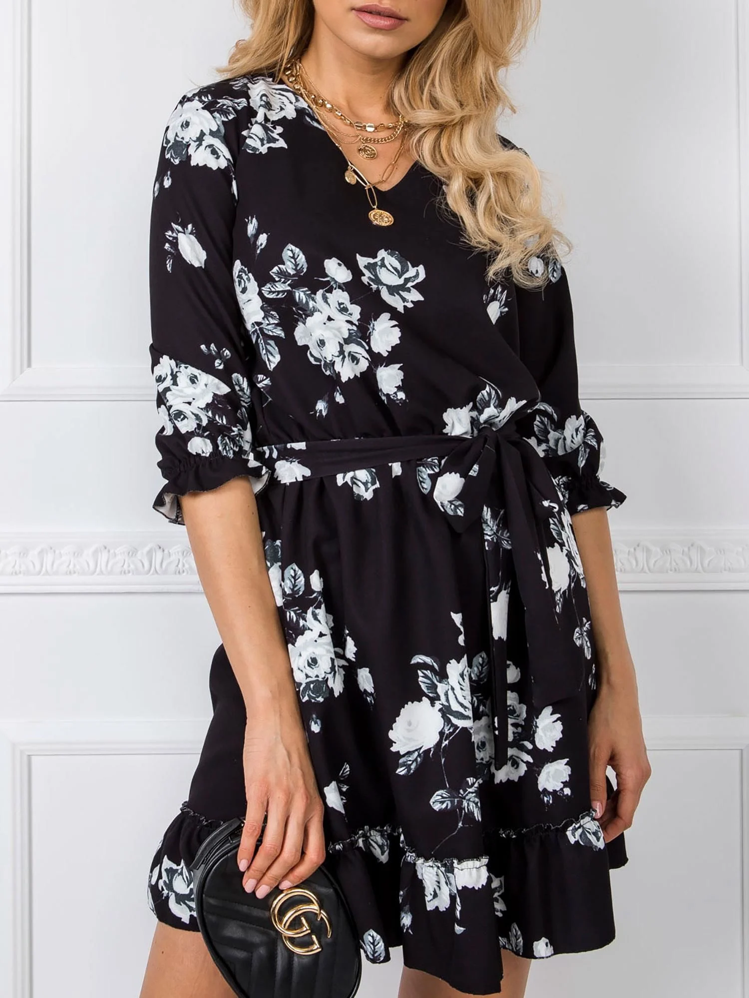 Rochie Dama Mini, Floral, LAKERTA, Negru Eleganta Office - Image 3