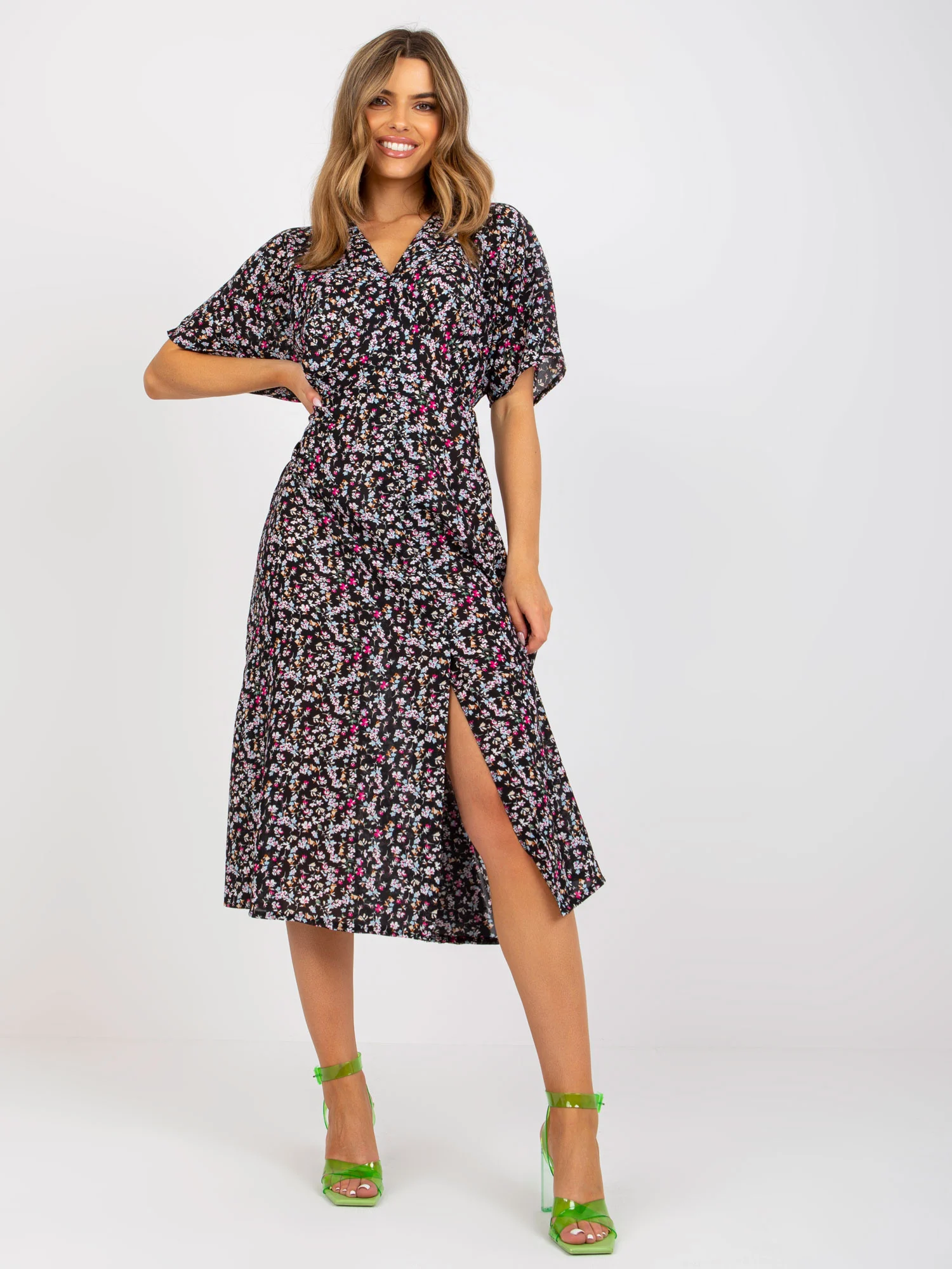 Rochie Dama Midi, Floral, RUE PARIS, Negru de Vara - Image 4