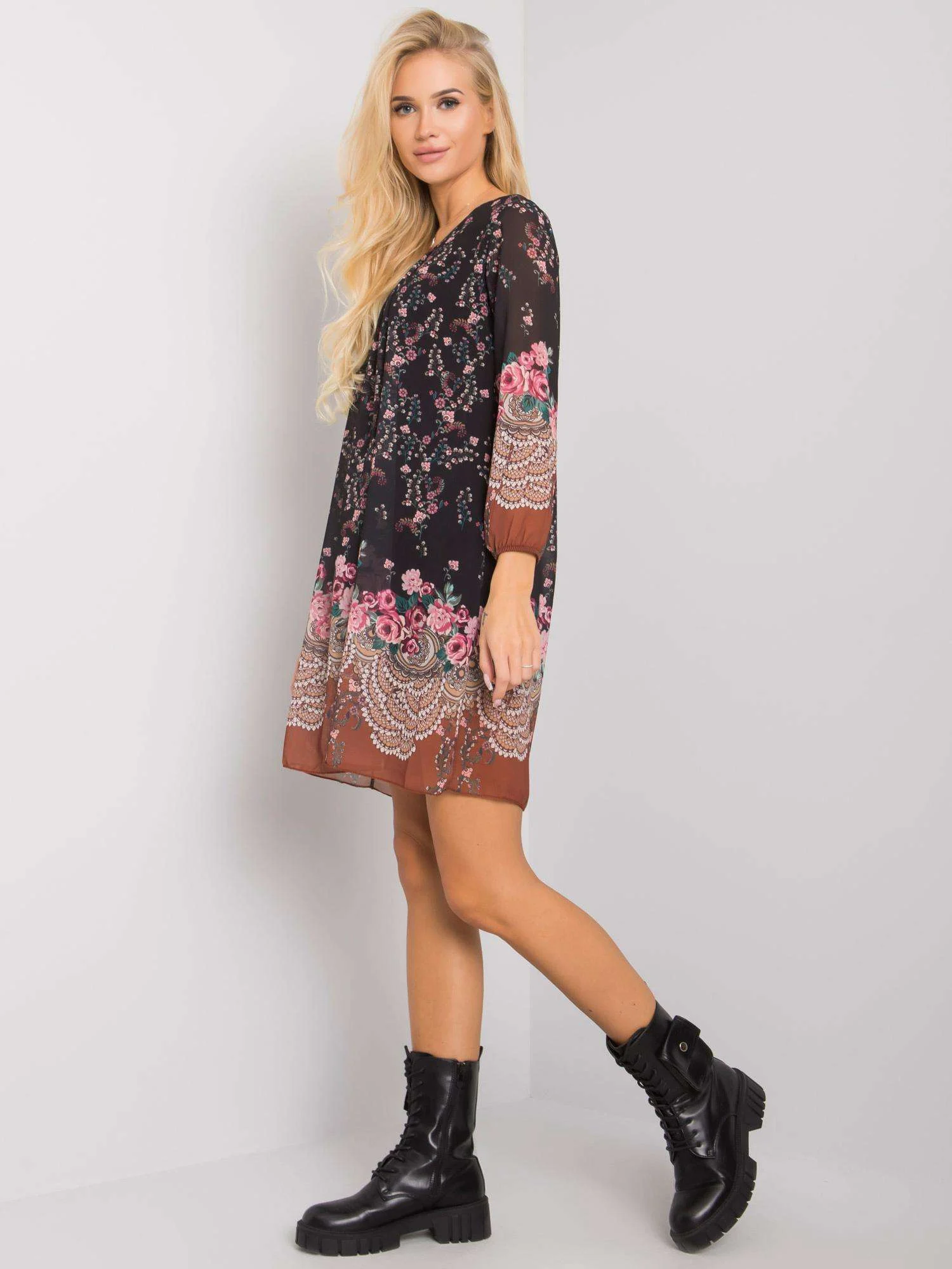 Rochie Dama Mini, Imprimat, Och Bella, Bej Eleganta Office - imagine 3