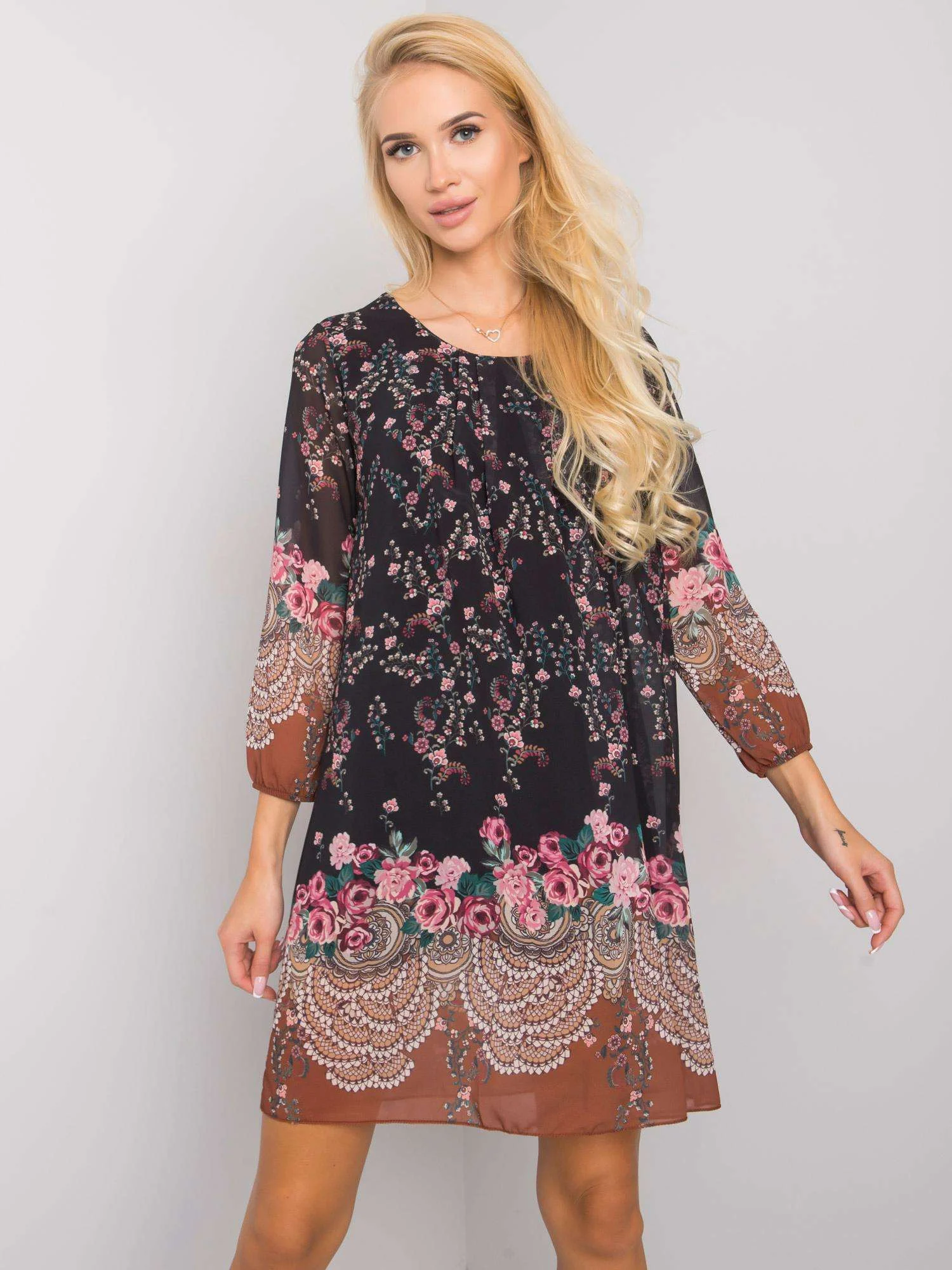 Rochie Dama Mini, Imprimat, Och Bella, Bej Eleganta Office - imagine 4