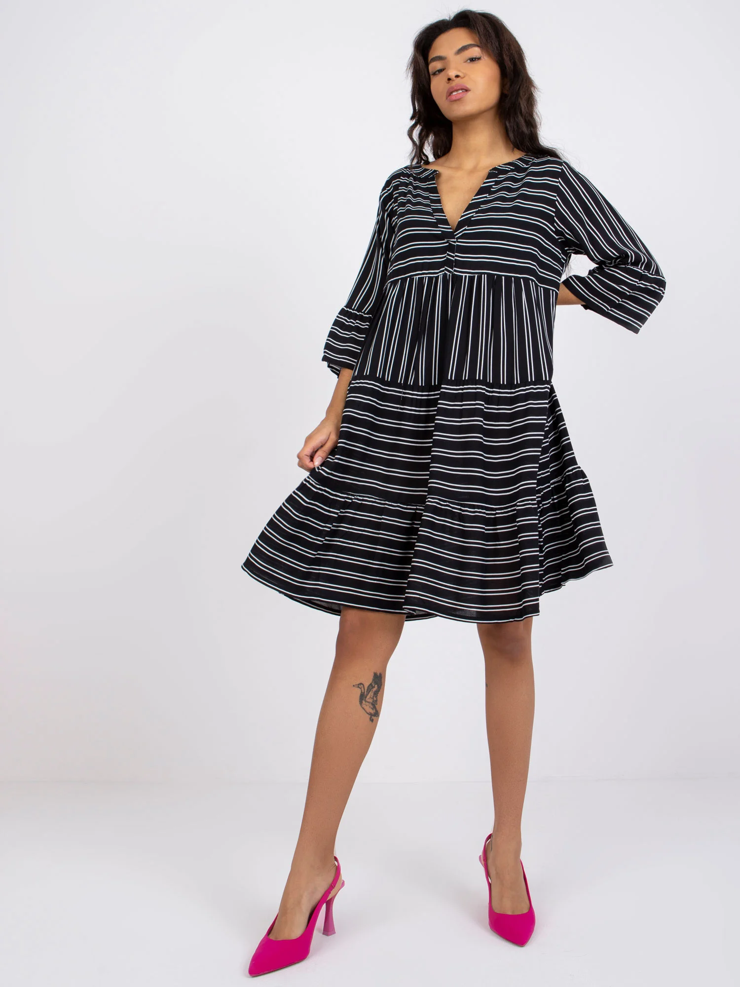Rochie Dama Maneca 3/4, Dungi, Sublevel, Alb Casual - Image 6