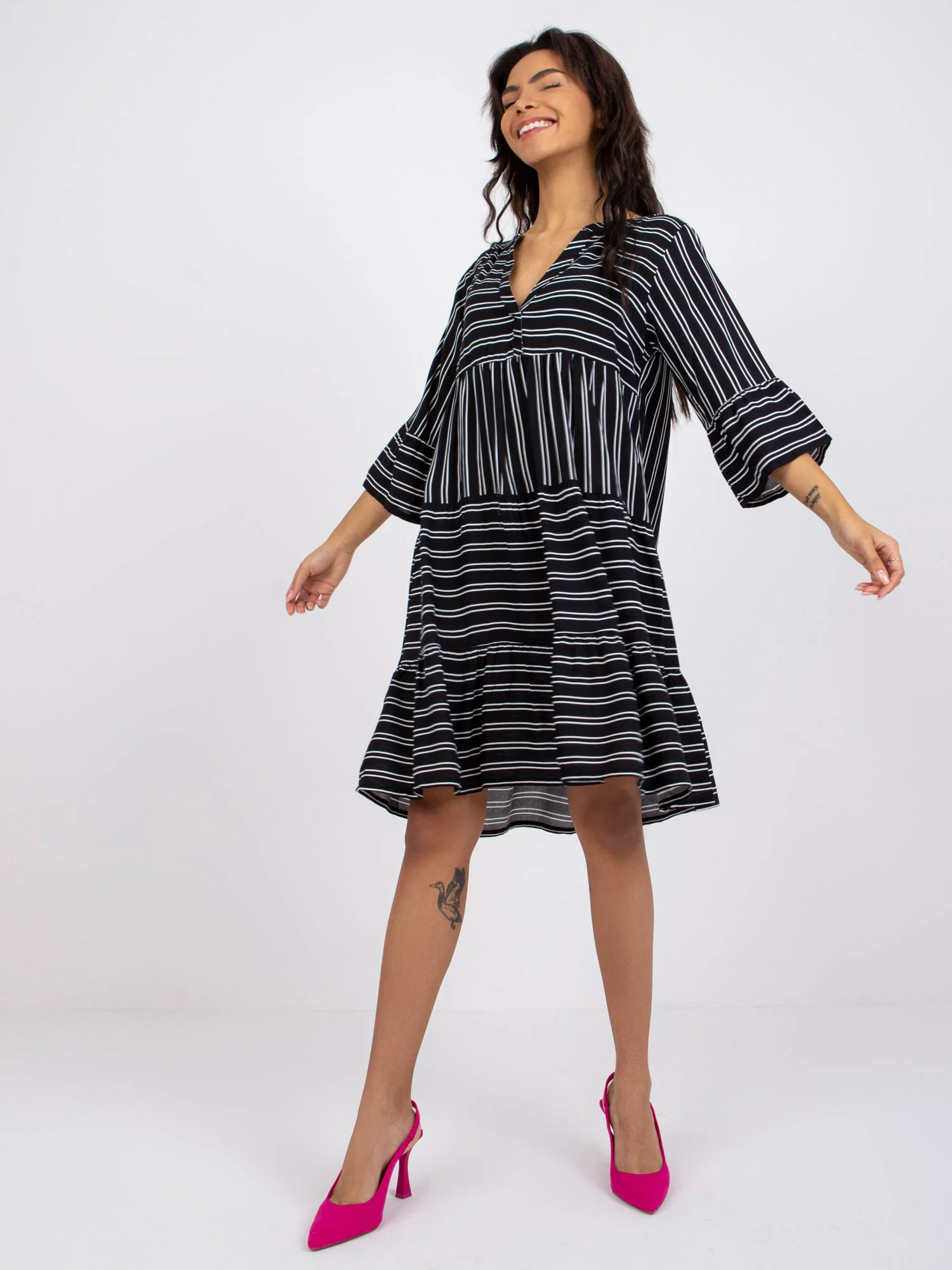Rochie Dama Maneca 3/4, Dungi, Sublevel, Alb Casual - Image 2