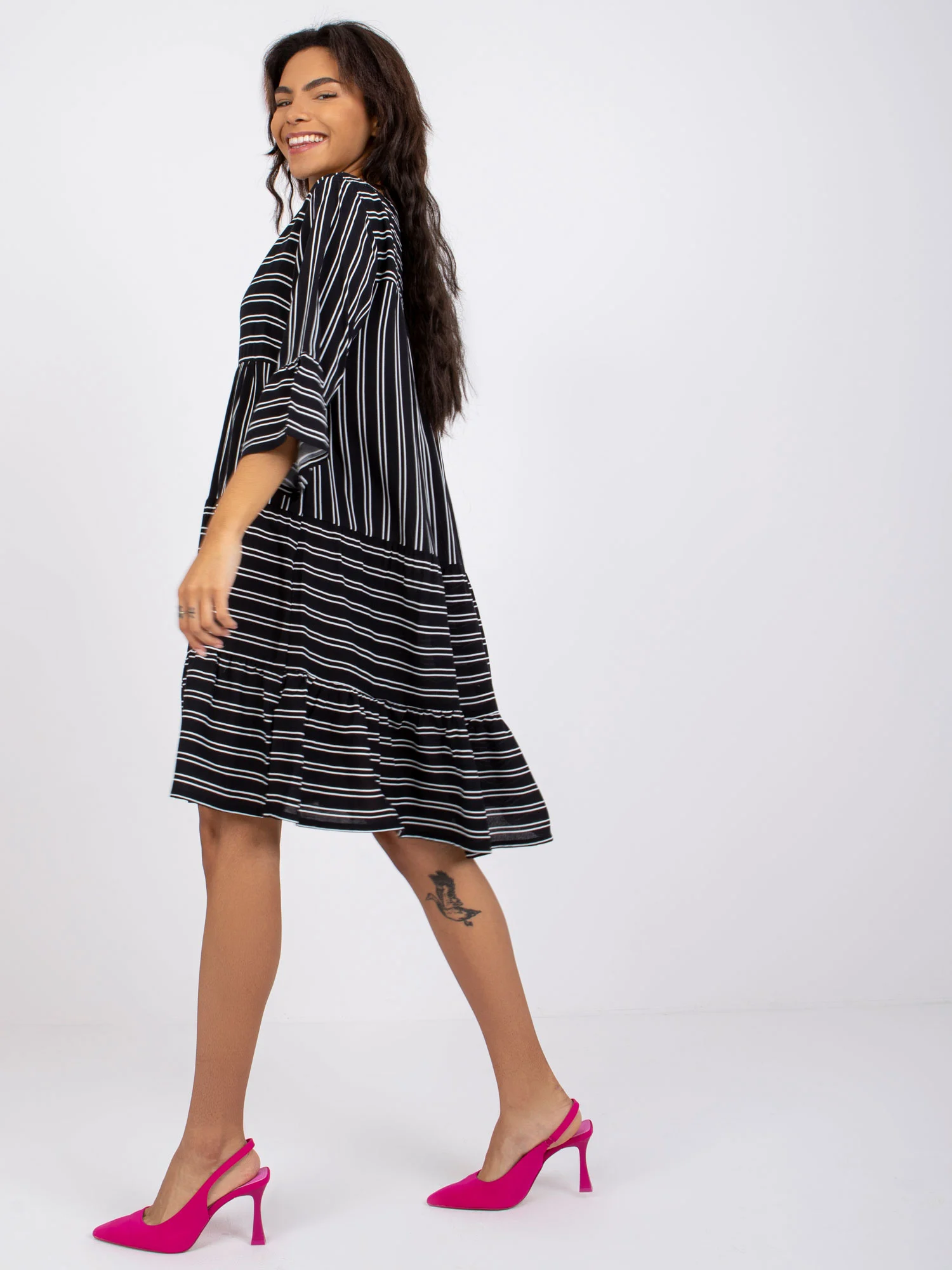 Rochie Dama Maneca 3/4, Dungi, Sublevel, Alb Casual - Image 3