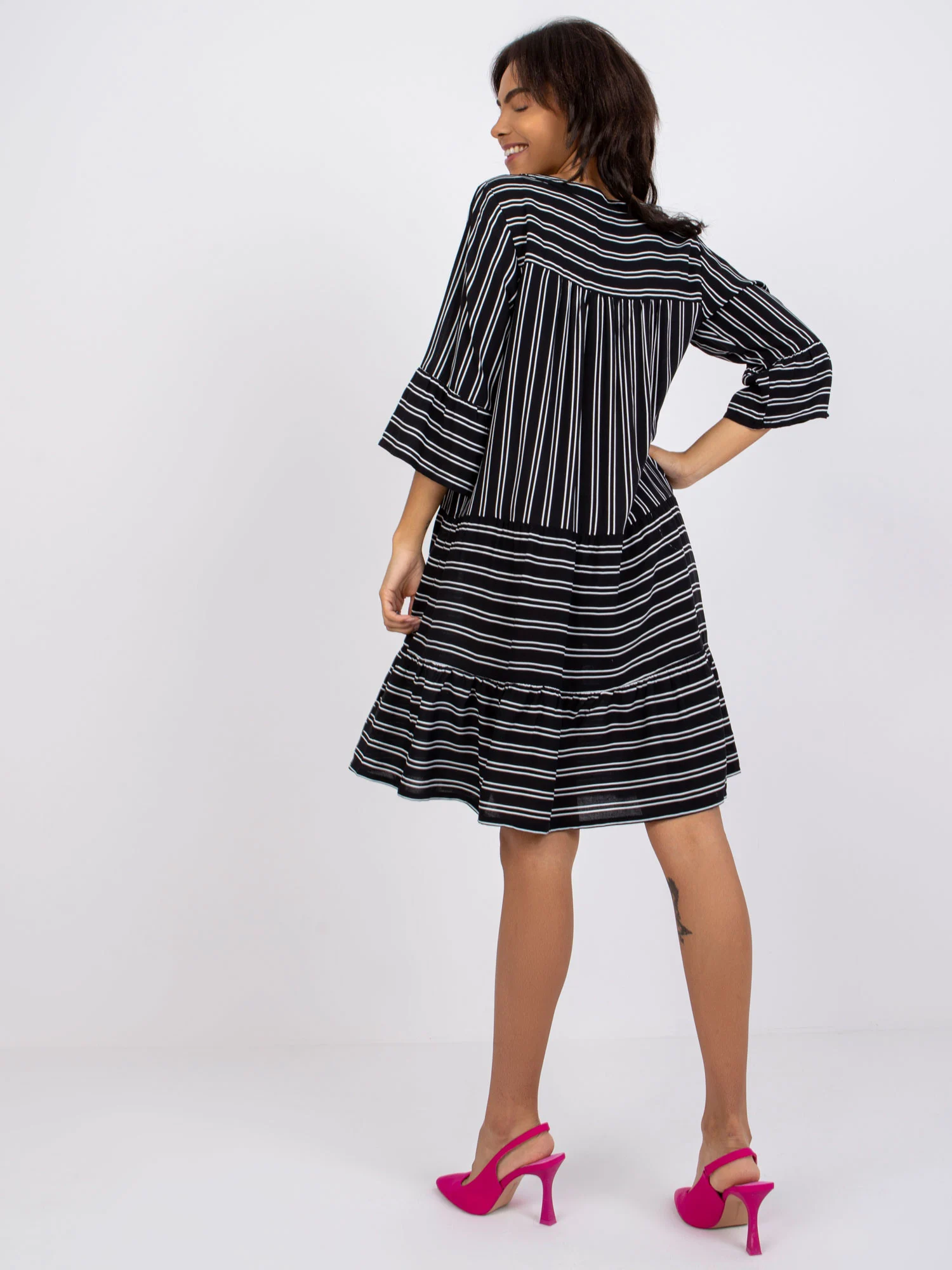 Rochie Dama Maneca 3/4, Dungi, Sublevel, Alb Casual - Image 4