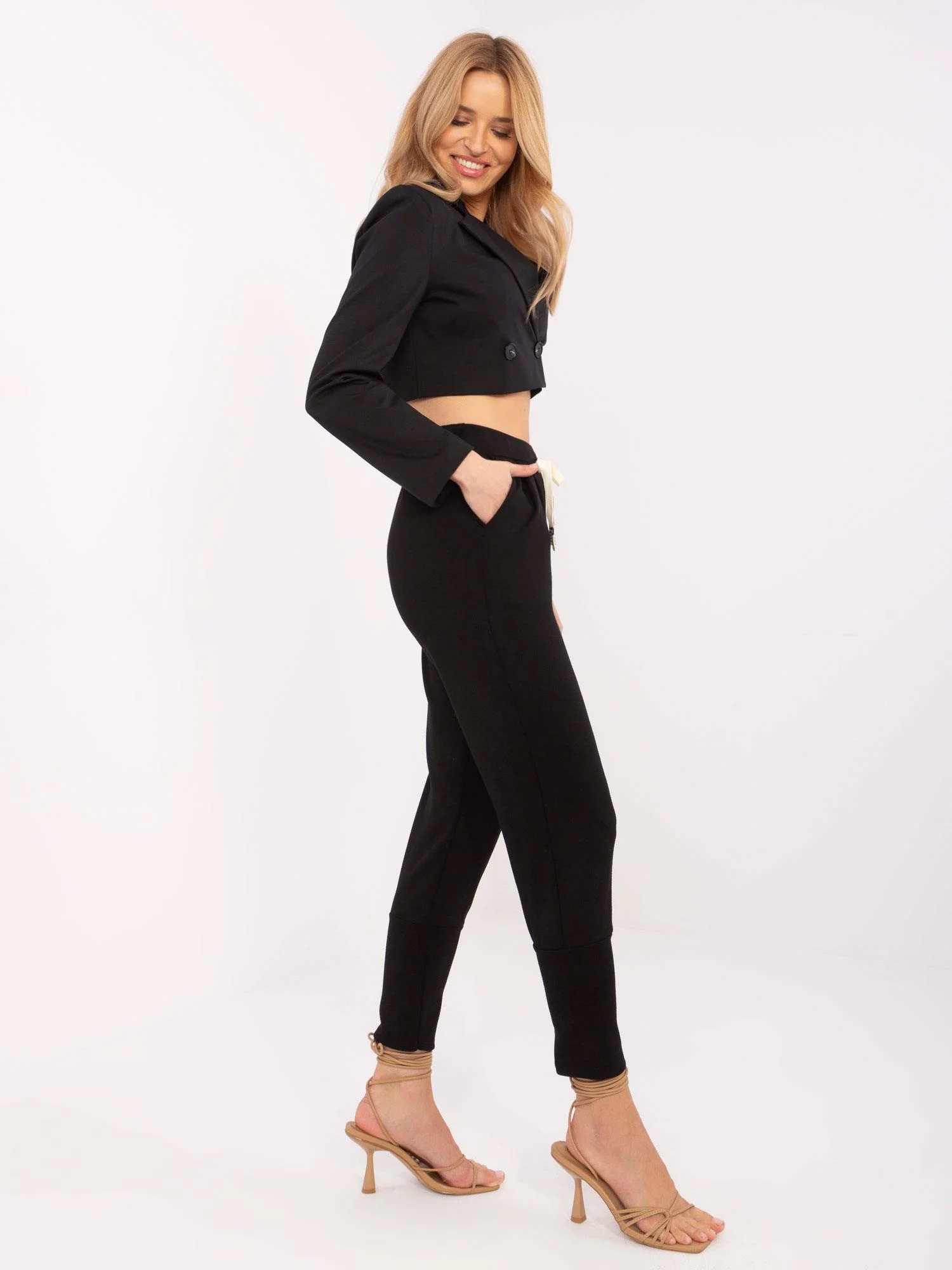 Pantaloni Dama Mansete elastice, Guler inalt, ITALY MODA, Negru Casual - imagine 4