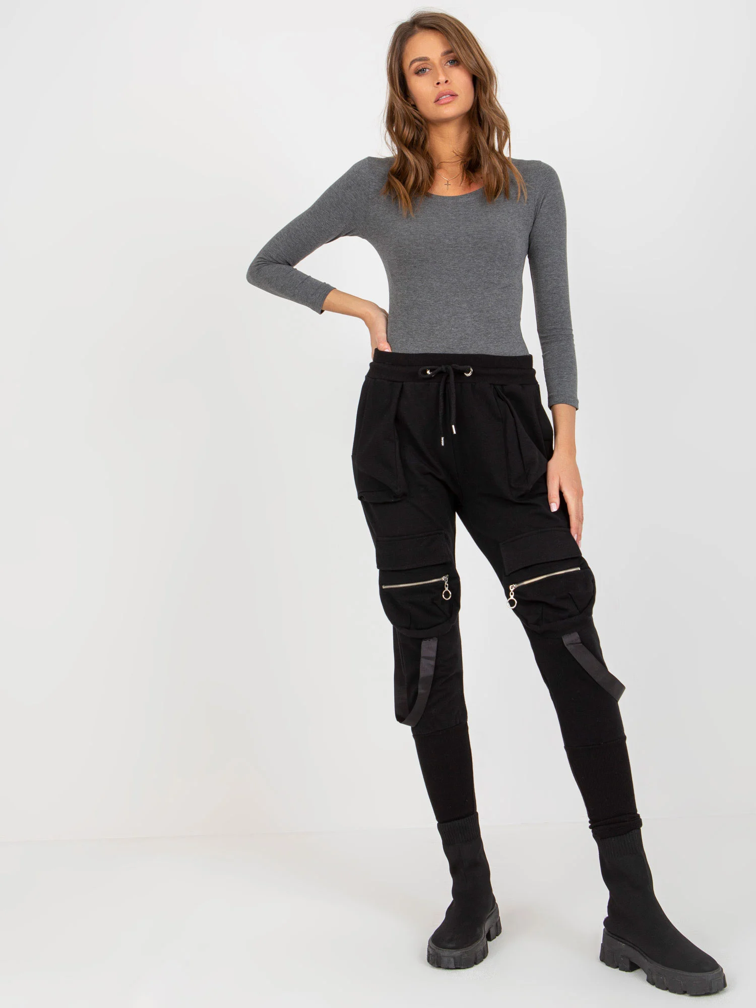 Pantaloni Trening Dama Mansete elastice, Guler inalt, ex moda, Negru Casual - imagine 7
