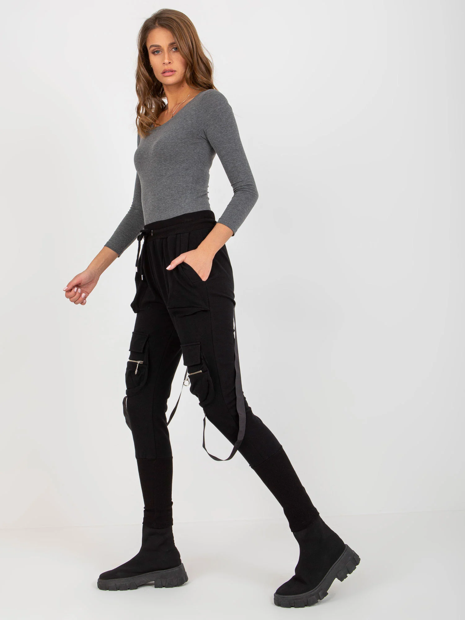 Pantaloni Trening Dama Mansete elastice, Guler inalt, ex moda, Negru Casual - imagine 4