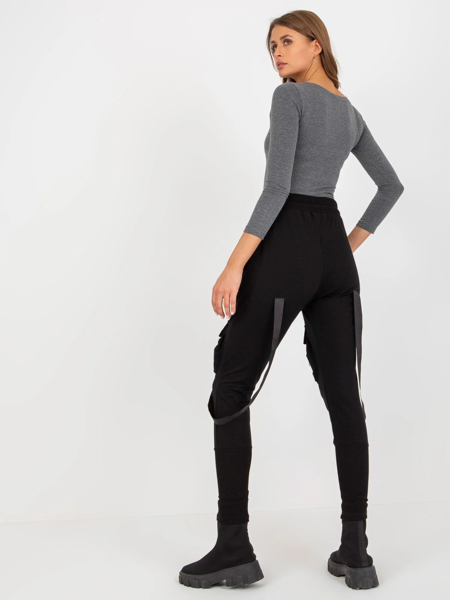 Pantaloni Trening Dama Mansete elastice, Guler inalt, ex moda, Negru Casual - imagine 5