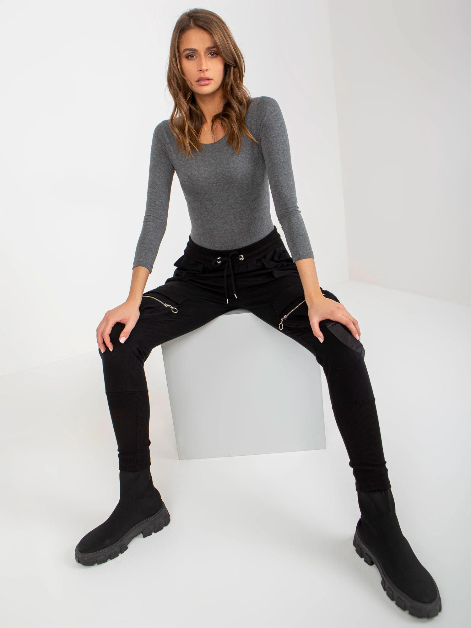 Pantaloni Trening Dama Mansete elastice, Guler inalt, ex moda, Negru Casual - imagine 6