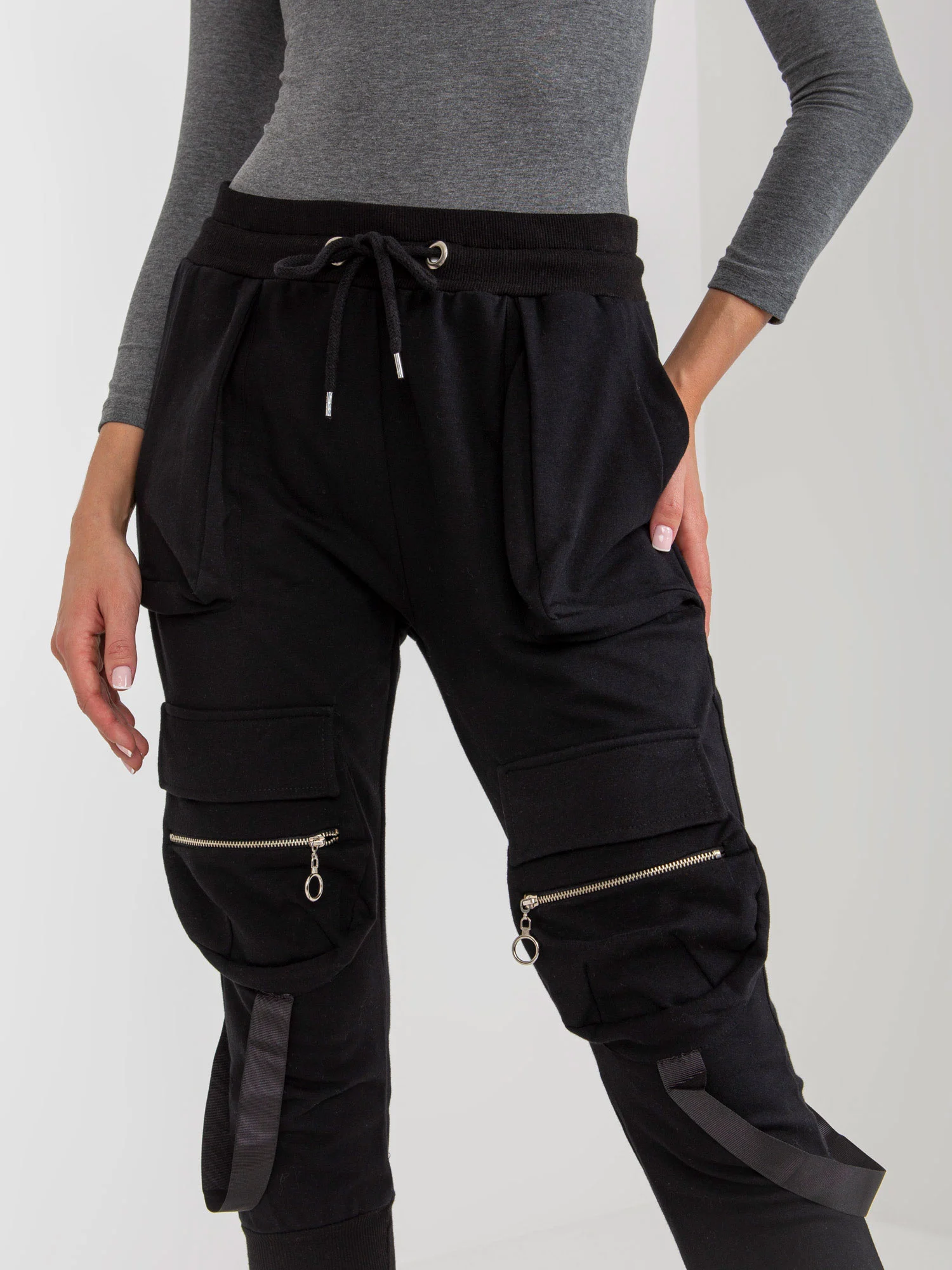 Pantaloni Trening Dama Mansete elastice, Guler inalt, ex moda, Negru Casual - imagine 2
