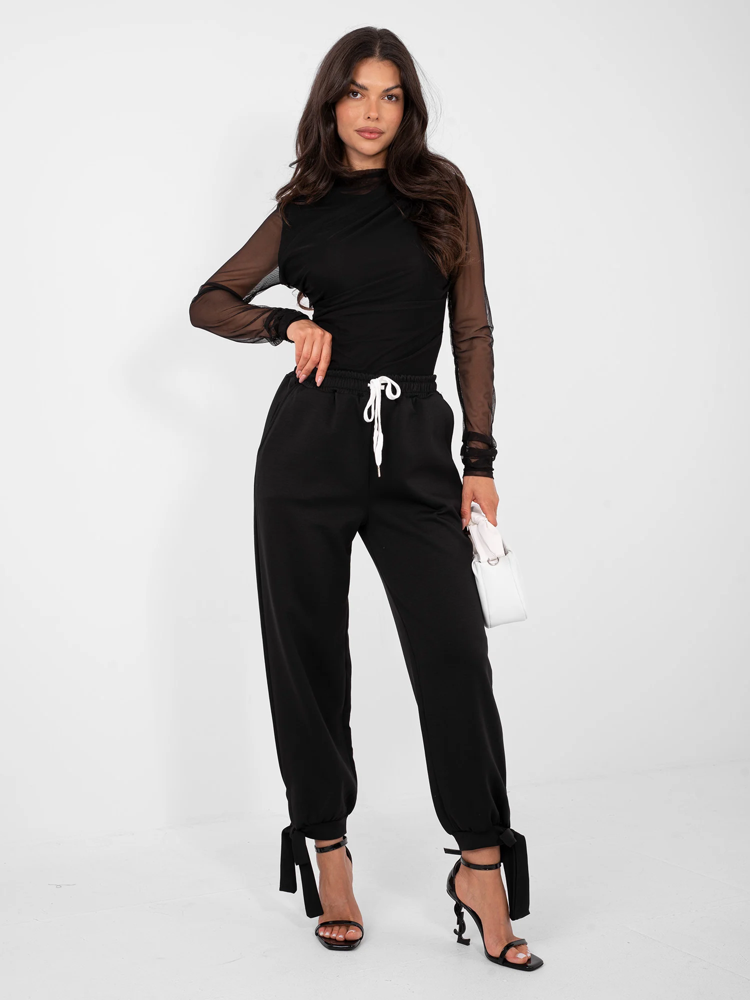 Pantaloni Dama Mansete elastice, Guler inalt, ITALY MODA, Negru Eleganta Office - imagine 2