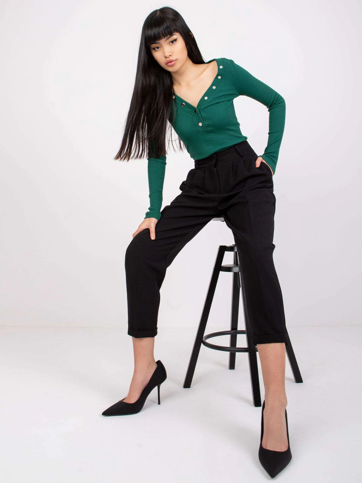 Pantaloni Dama 7/8, Elegant, FAME, Negru Eleganta Office - imagine 3