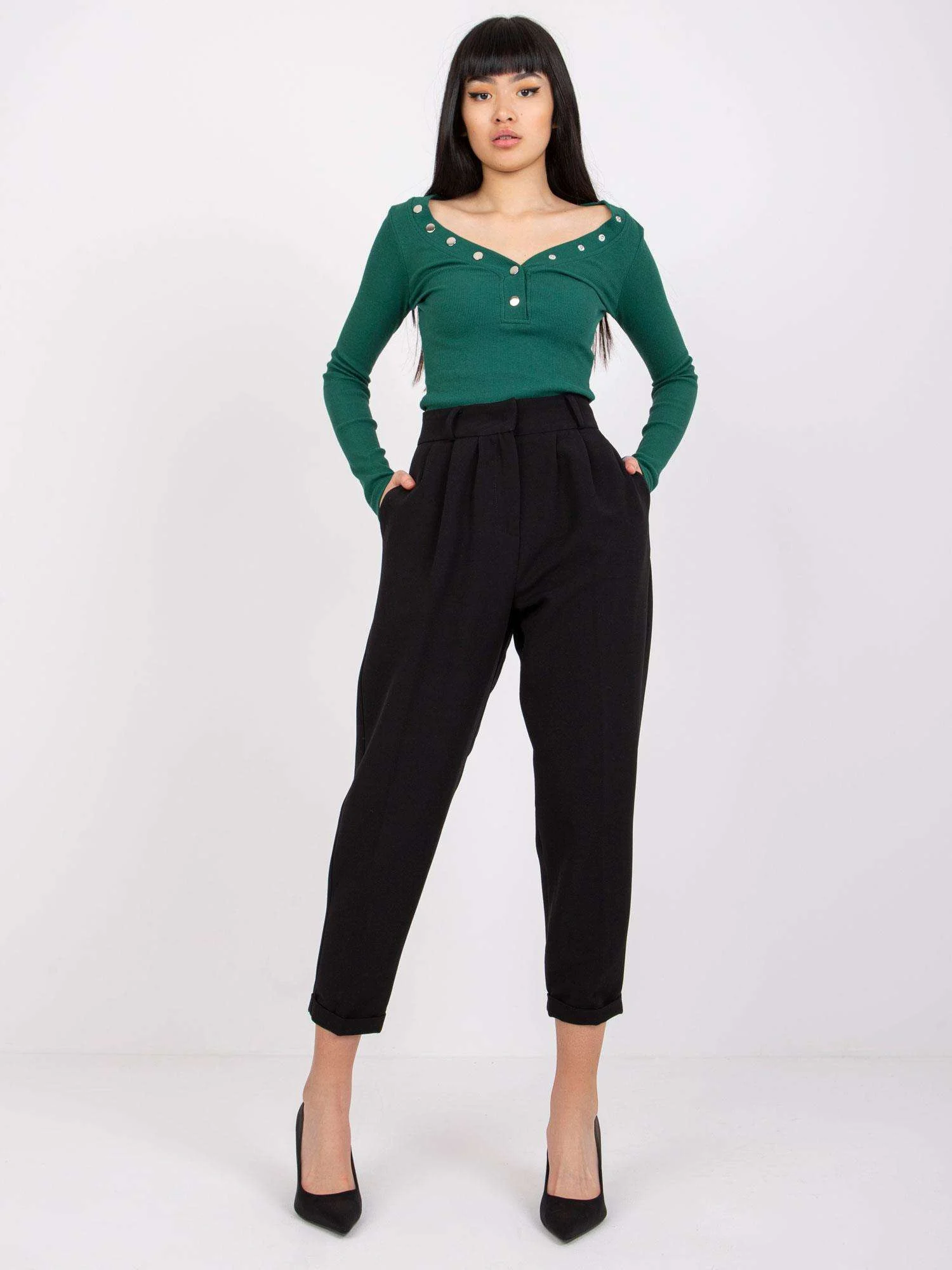 Pantaloni Dama 7/8, Elegant, FAME, Negru Eleganta Office - imagine 2