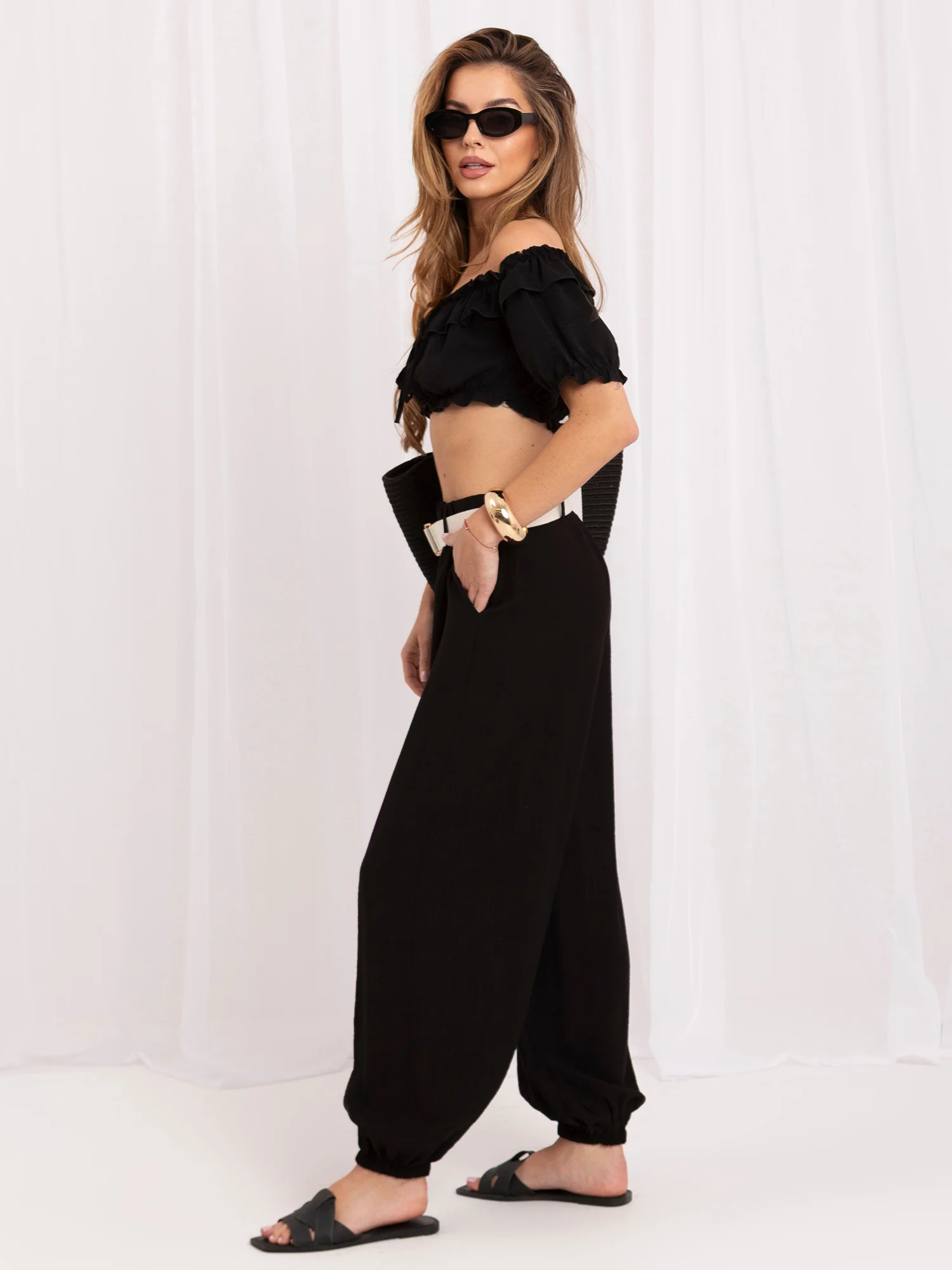 Pantaloni Dama Lunga, Mansete elastice, RUE PARIS, Negru Eleganta Office - imagine 6