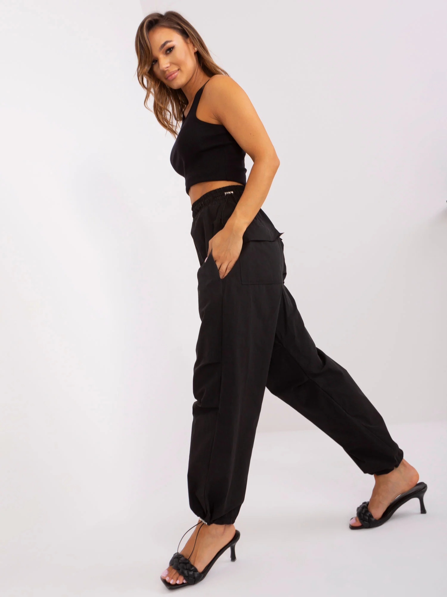 Pantaloni Dama Mansete elastice, Guler inalt, Och Bella, Negru Casual - imagine 2