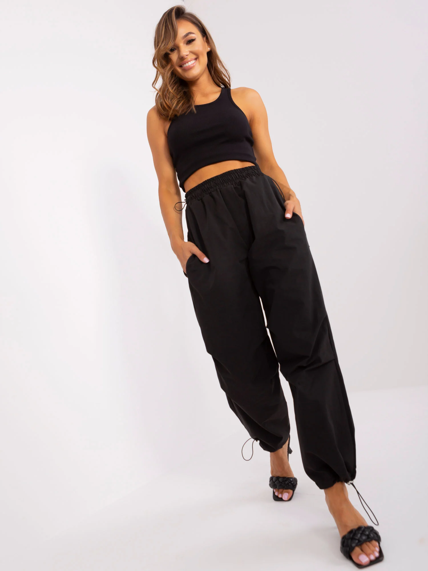 Pantaloni Dama Mansete elastice, Guler inalt, Och Bella, Negru Casual - imagine 4