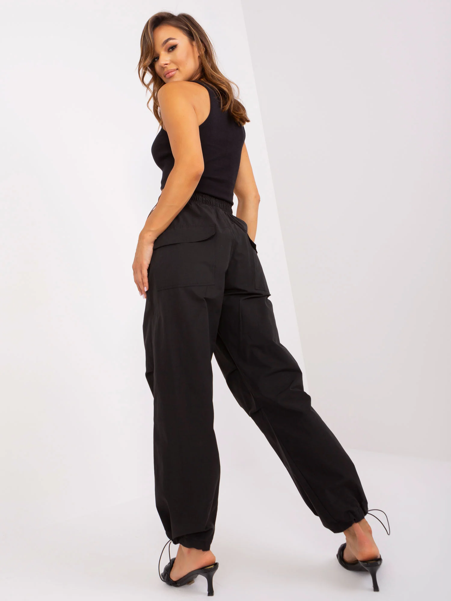 Pantaloni Dama Mansete elastice, Guler inalt, Och Bella, Negru Casual - imagine 3