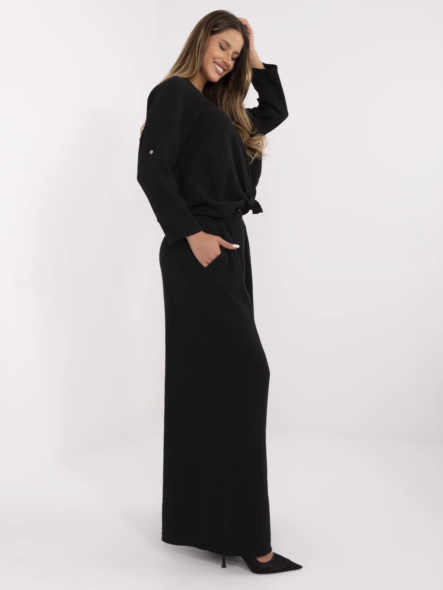 Pantaloni Dama Larga, Guler inalt, ITALY MODA, Negru Casual - imagine 5