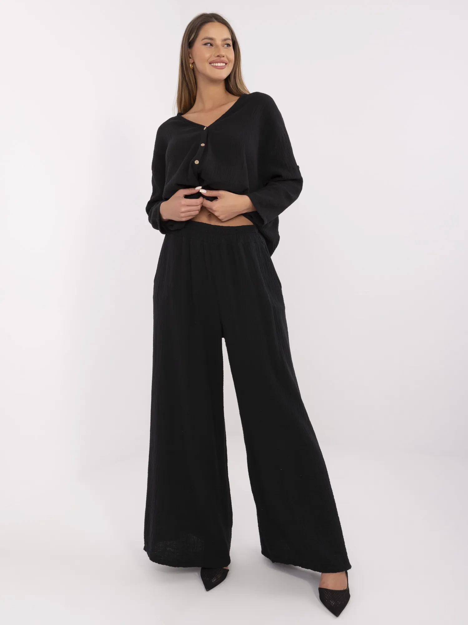 Pantaloni Dama Larga, Guler inalt, ITALY MODA, Negru Casual - imagine 4