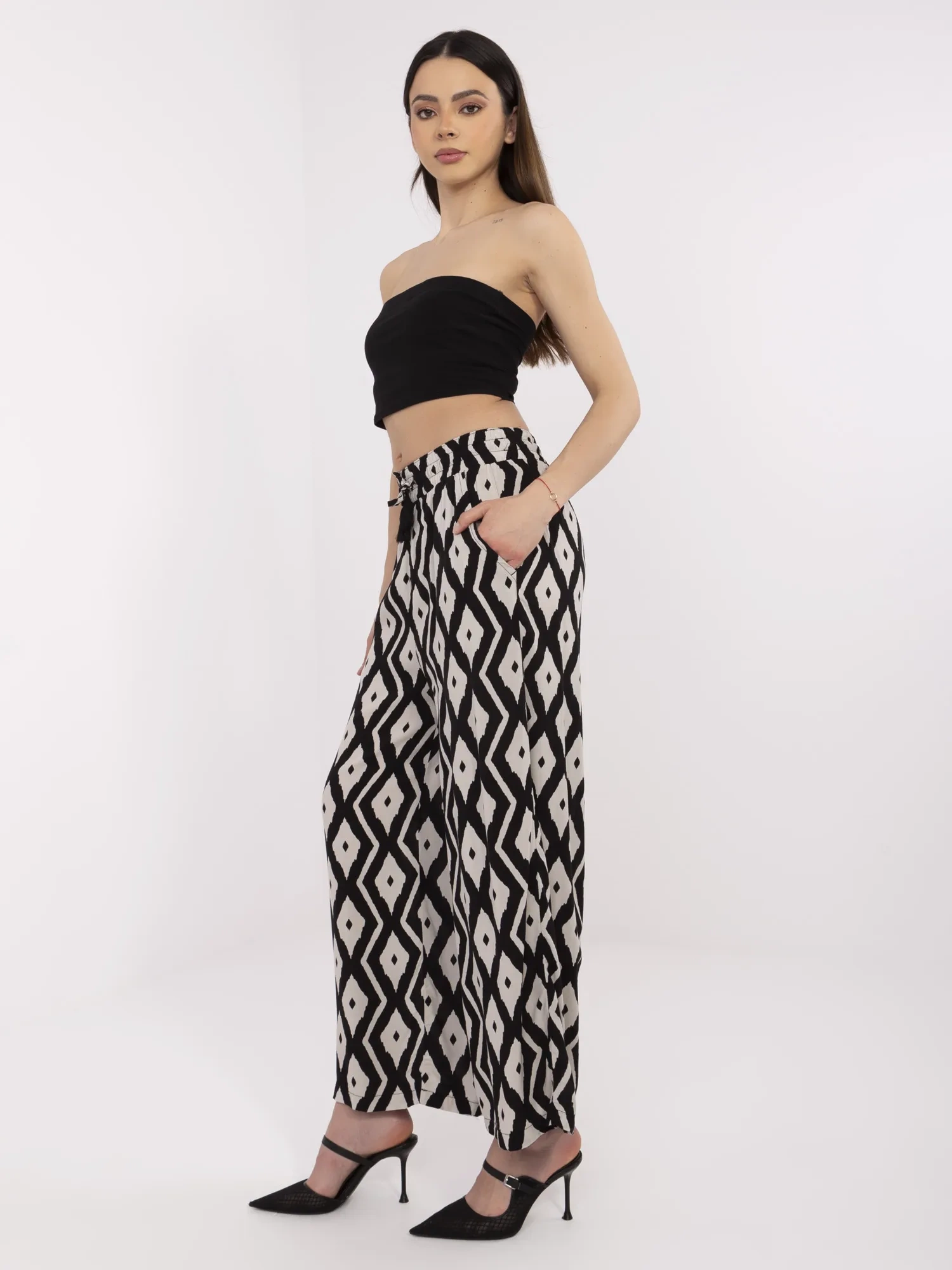 Pantaloni Dama Geometric, Larga, Sublevel, Negru Casual - imagine 5