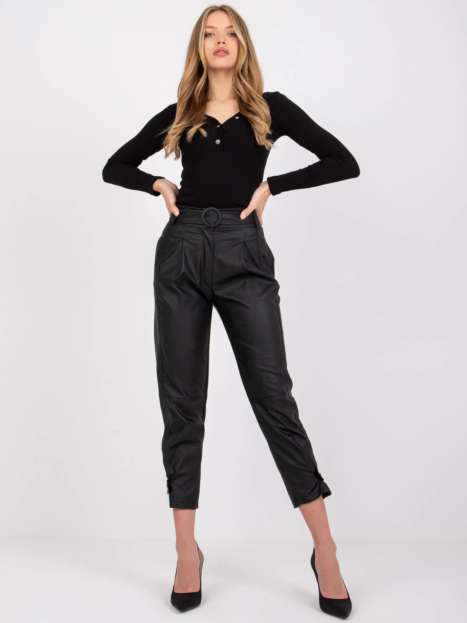 Pantaloni Dama Lunga, Mansete elastice, ITALY MODA, Negru Eleganta Office - imagine 2