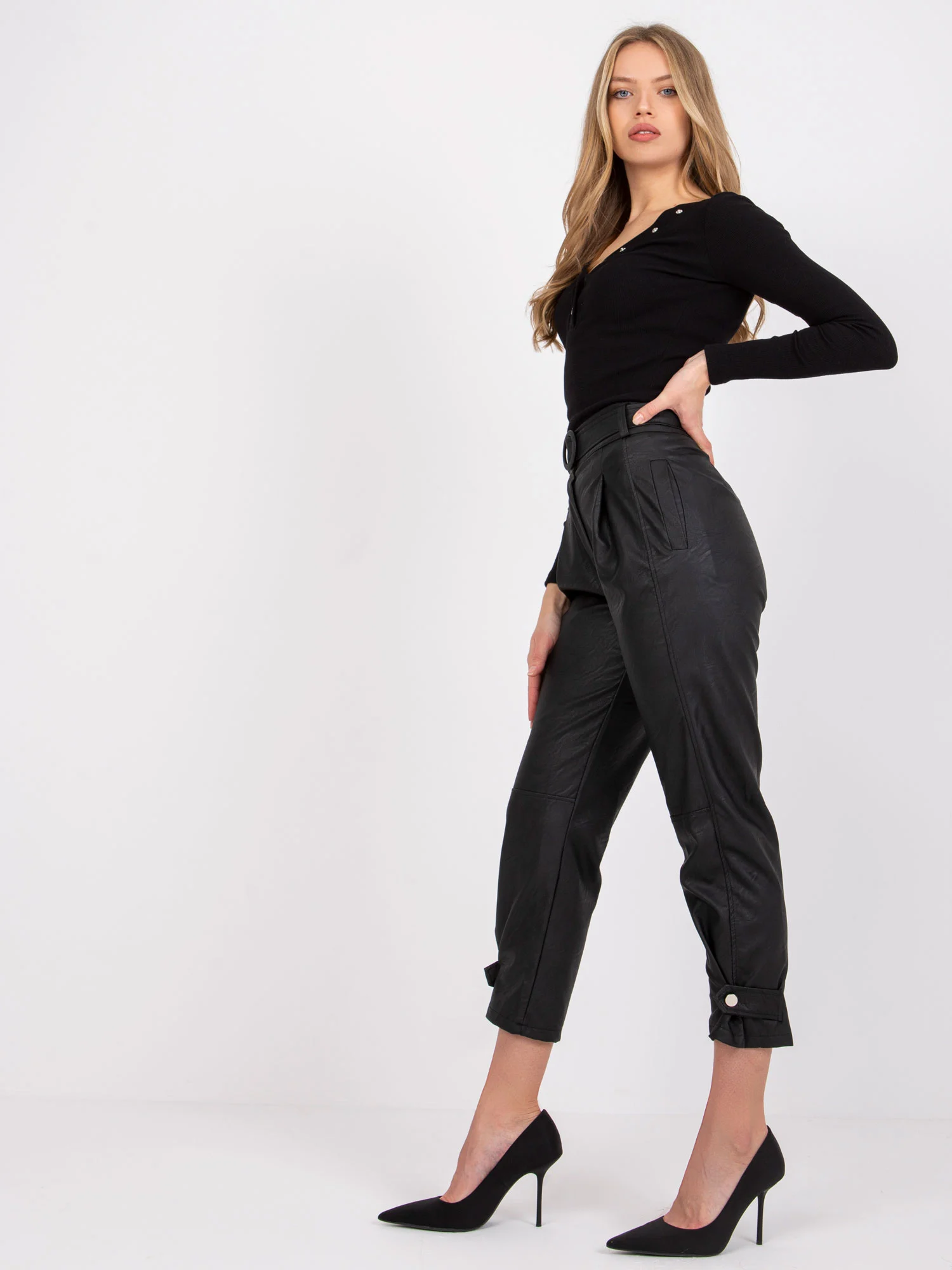 Pantaloni Dama Lunga, Mansete elastice, ITALY MODA, Negru Eleganta Office - imagine 5