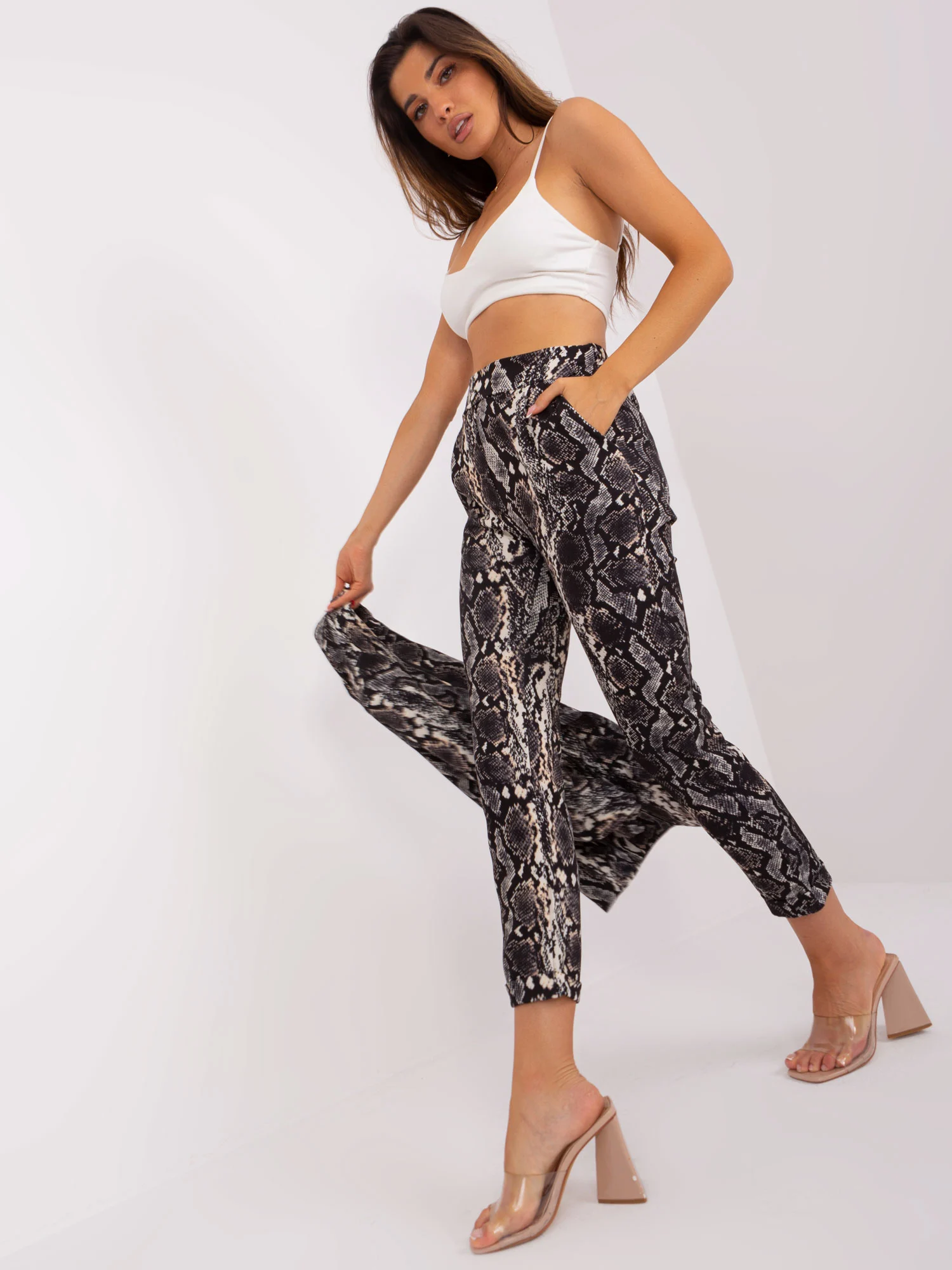 Pantaloni Dama Animal print, Elegant, ITALY MODA, Bej de Petrecere Marimi Mari - Image 6