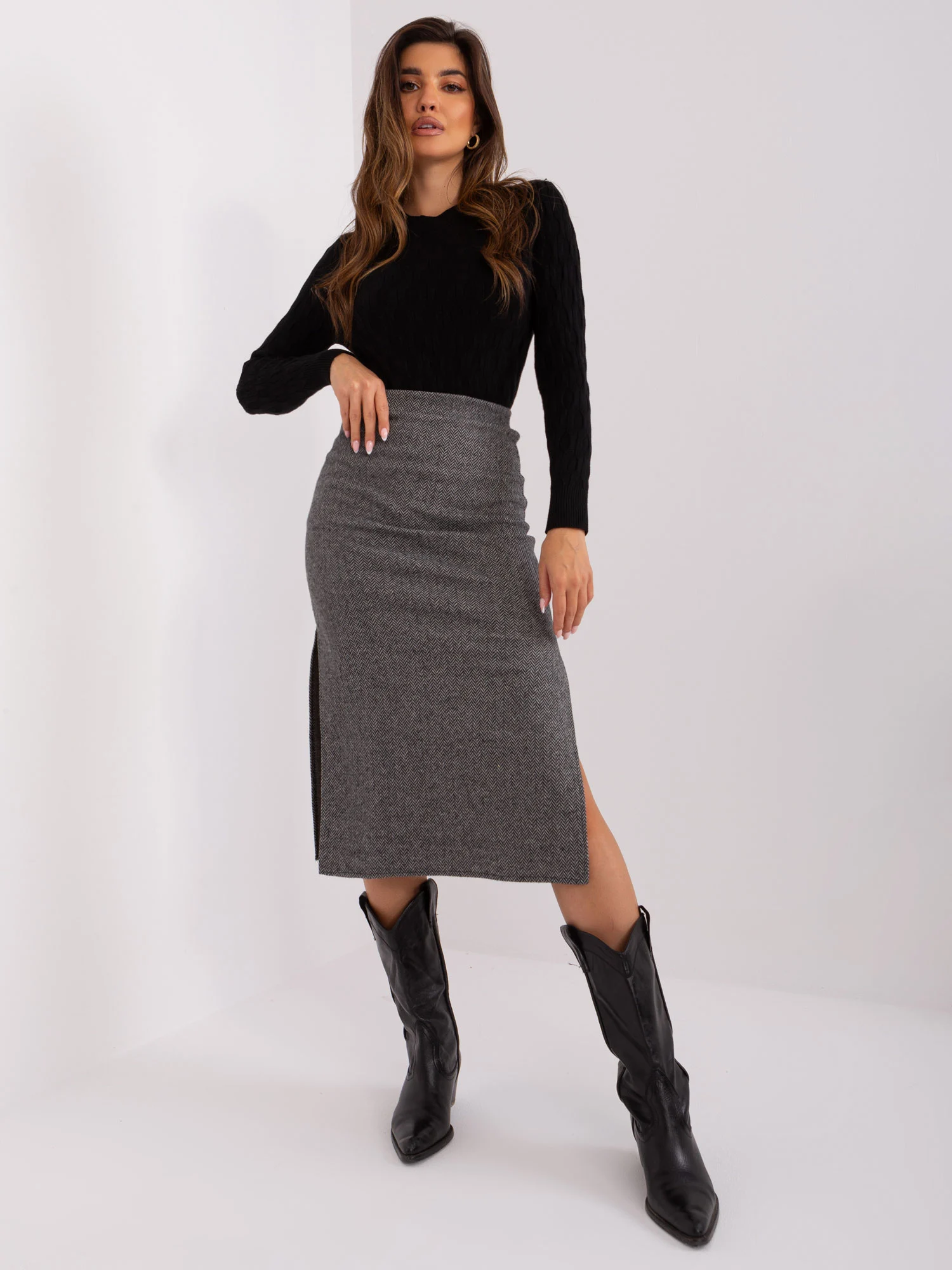 Fusta Dama Midi, Guler inalt, LAKERTA, Negru Eleganta Office - imagine 2