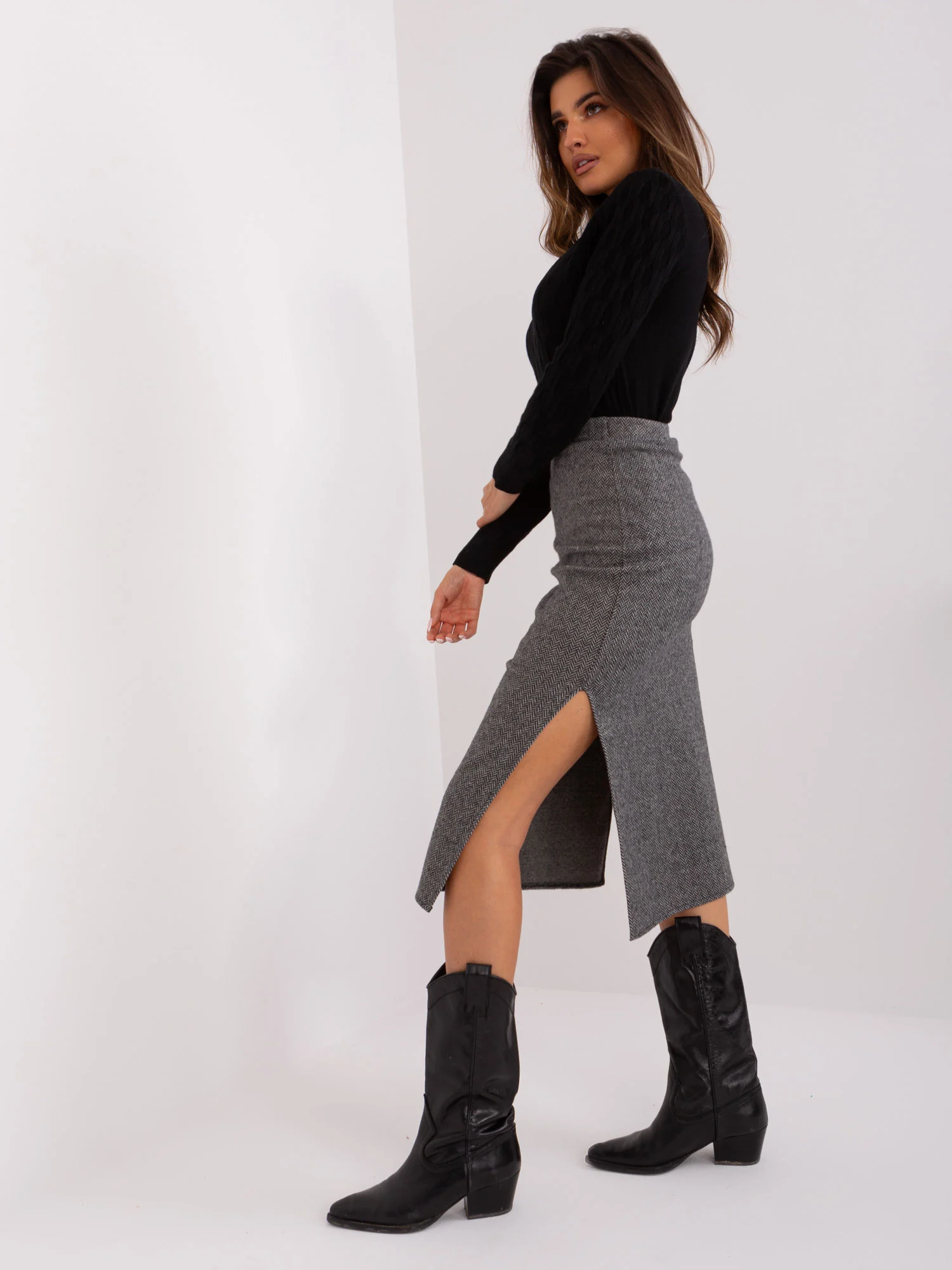 Fusta Dama Midi, Guler inalt, LAKERTA, Negru Eleganta Office - imagine 3