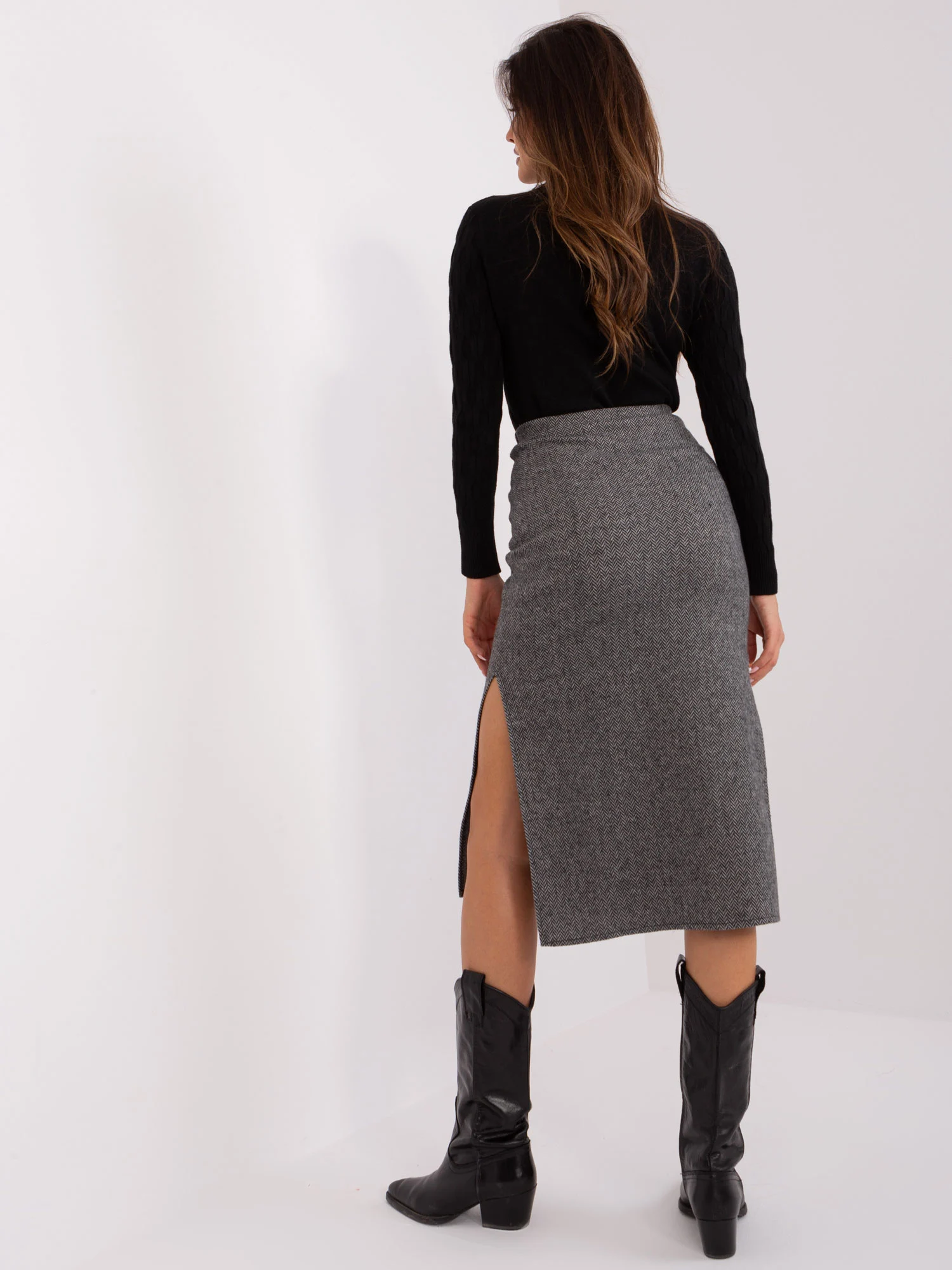 Fusta Dama Midi, Guler inalt, LAKERTA, Negru Eleganta Office - imagine 5